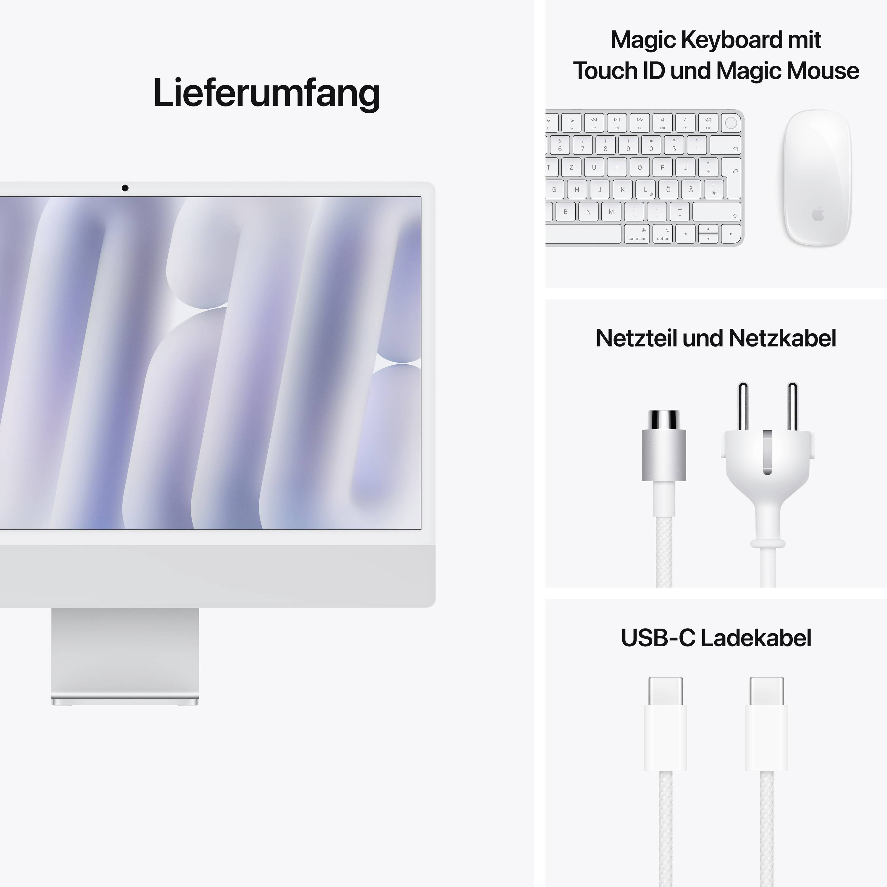 Lieferumfang: Ein Computer mit Bildschirm, Magic Keyboard, Magic Mouse, Netzteil und Netzabel, USB-C Ladekabel.