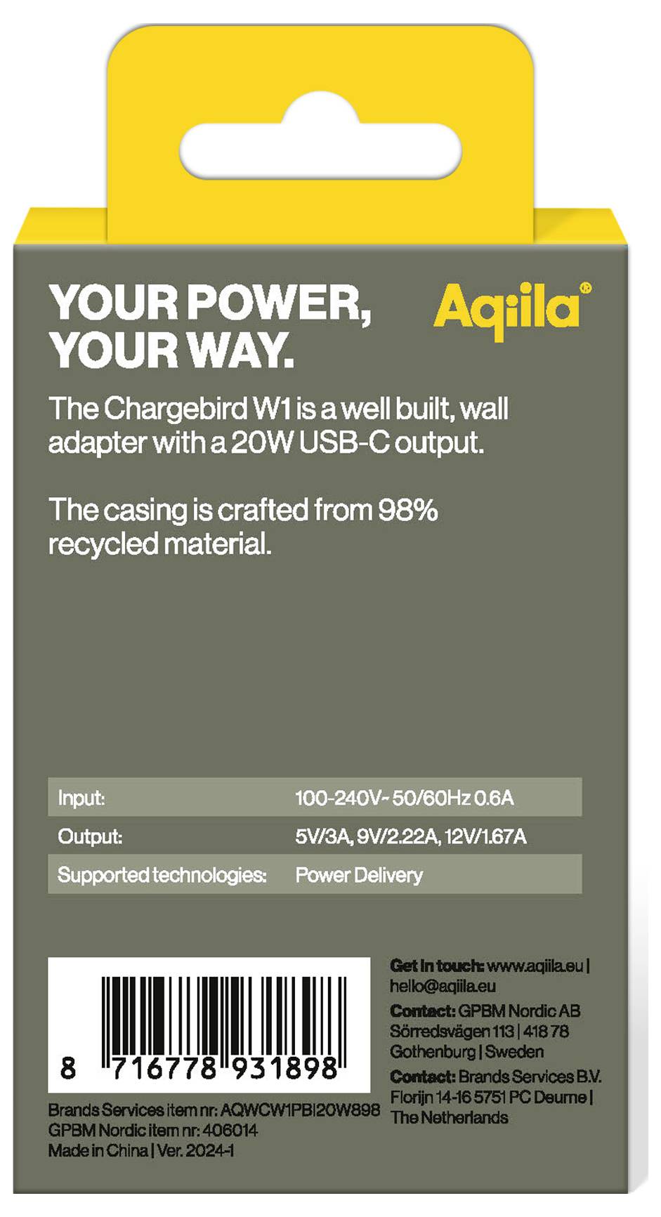 Aqiila W1 USB Ladegerät 20W 1x USB-C® Weiß Innenbereich