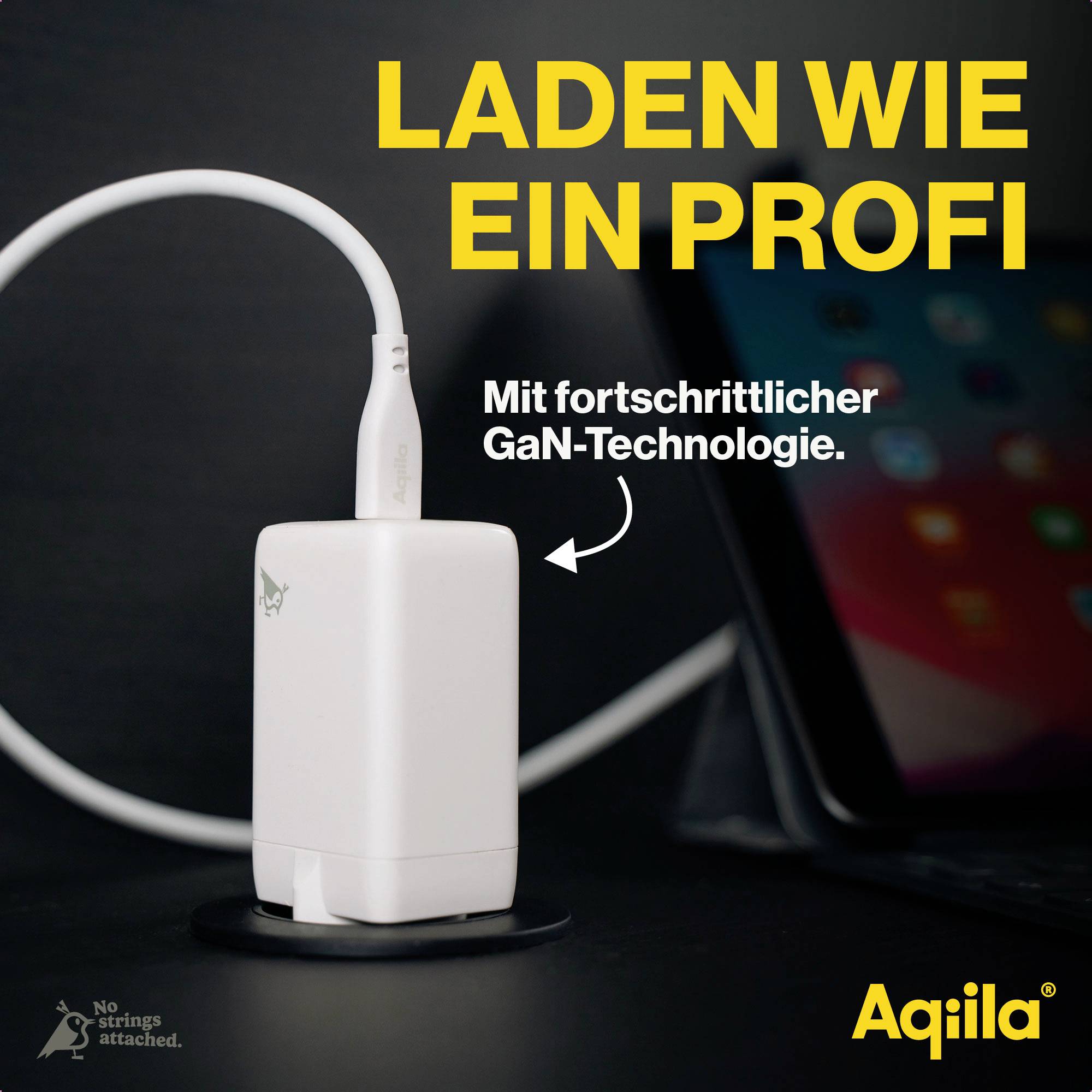 Ladegerät mit GaN-Technologie neben einem Smartphone. Text 'Laden wie ein Profi'. Markenname unten rechts.