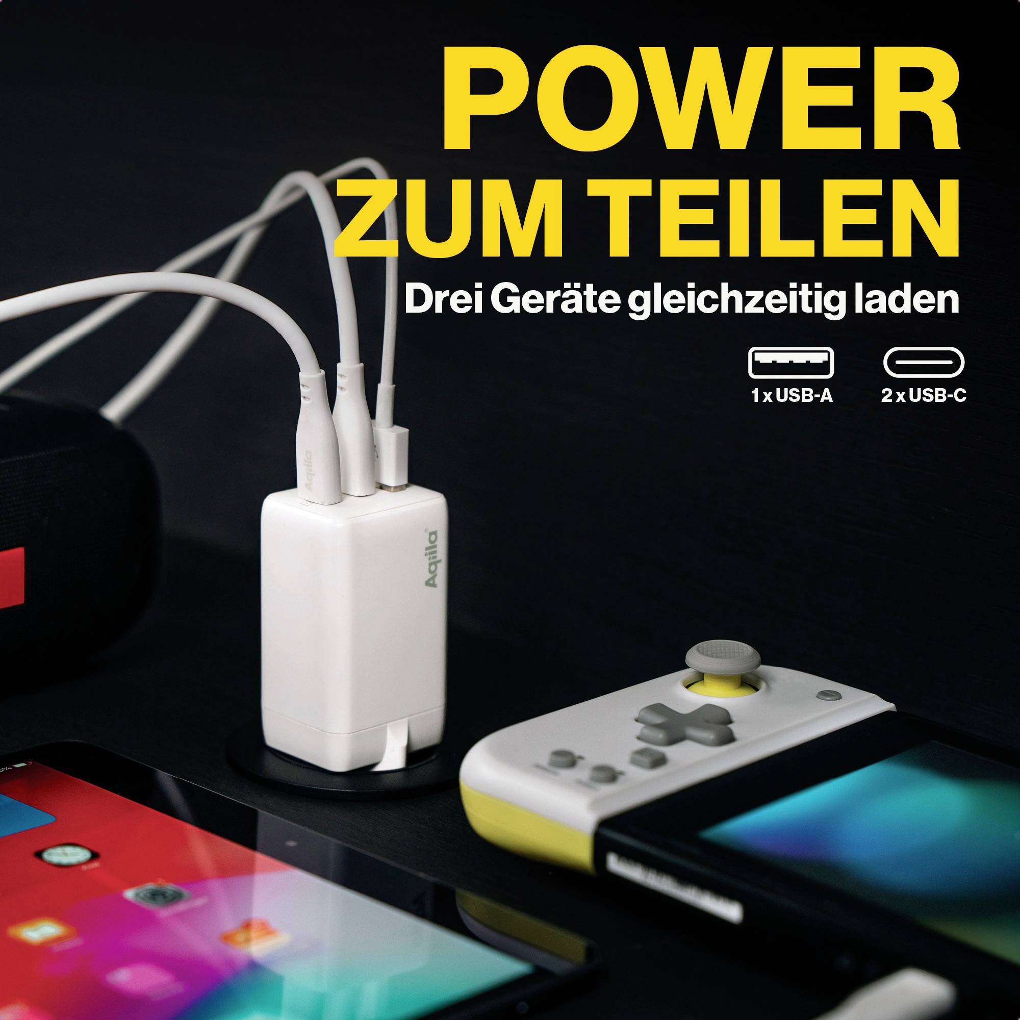 'Power zum Teilen: Drei Geräte gleichzeitig laden' - Bild zeigt ein Ladegerät mit drei Kabeln und Ladegeräte-Symbolen für USB-A und USB-C.