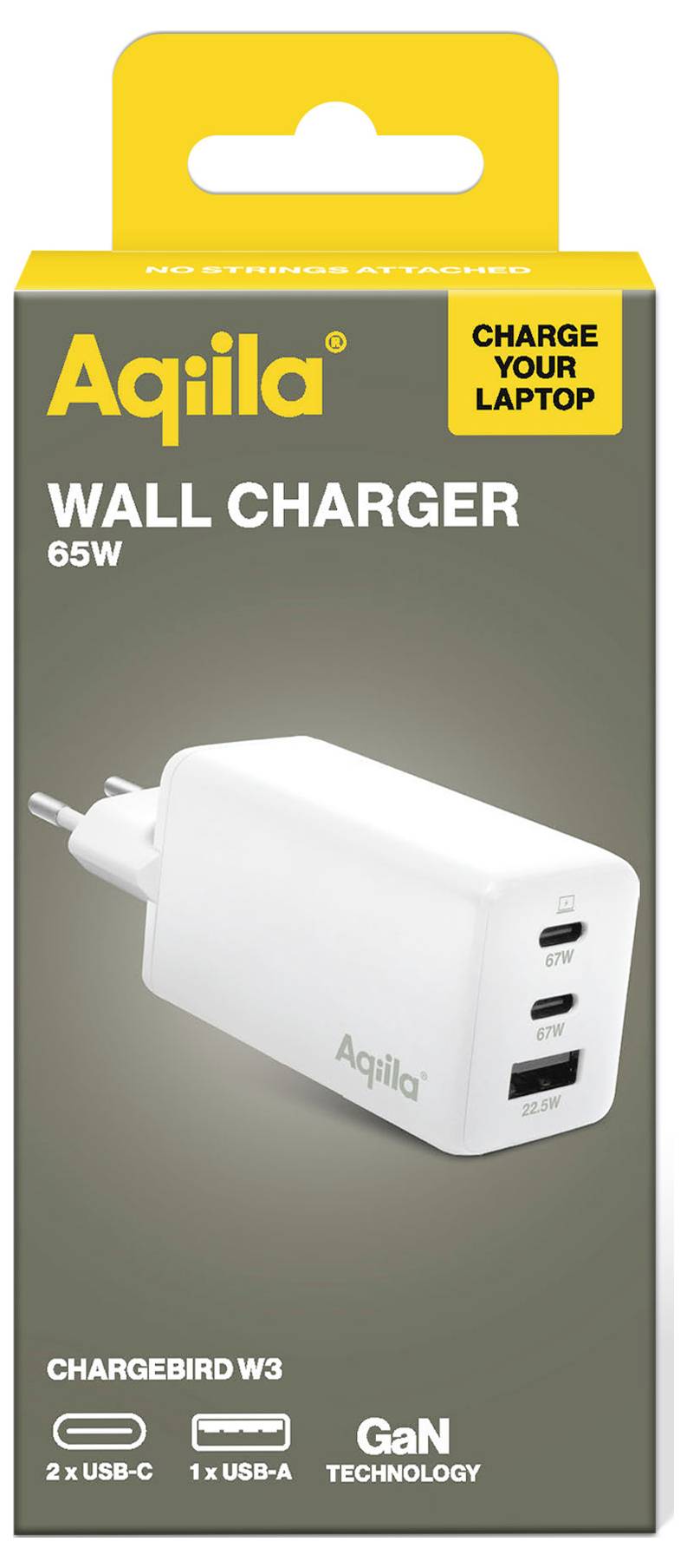 Ladegerät Aqila 65W für Laptop, weiße Farbe, zwei USB-C- und ein USB-A-Anschluss, GaN-Technologie, Modell ChargeBird W3.