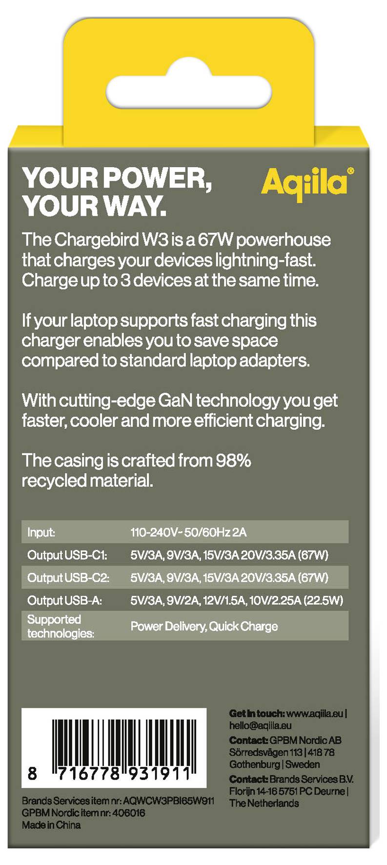 Aqiila W3 USB Ladegerät 65W 1x USB-A, 2x USB-C® USB PD, Quick Charge 3.0, QC 4+ Weiß Innenbereich
