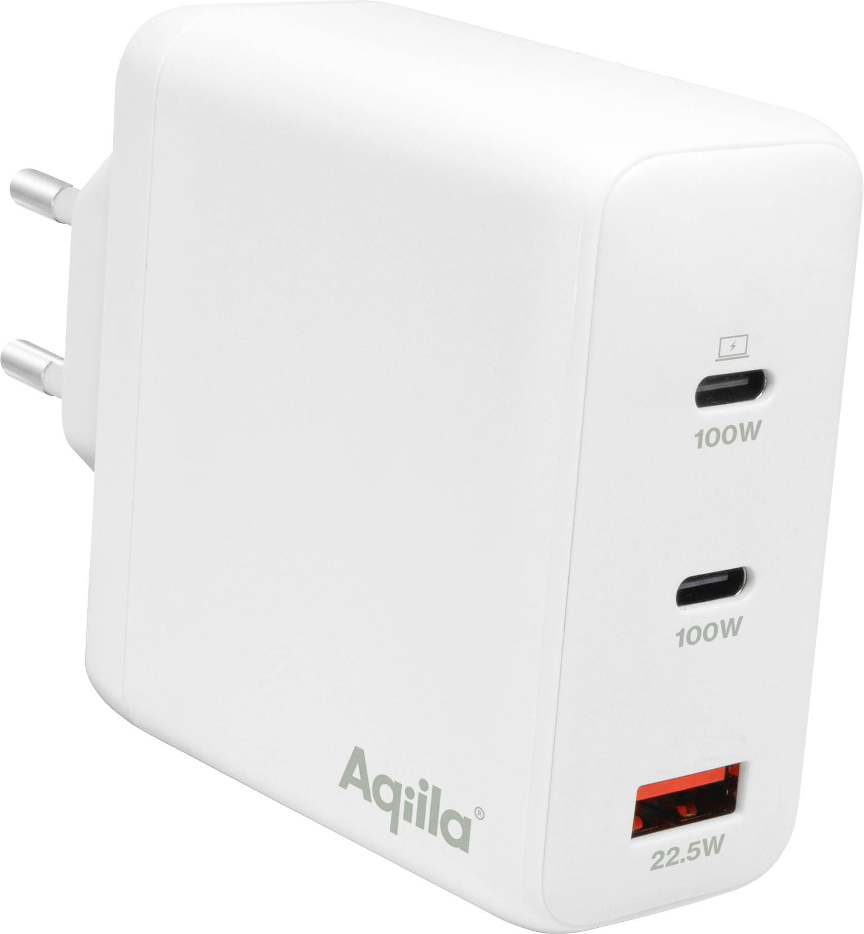 Weißes Wandladegerät mit drei Anschlüssen: zwei USB-C-Anschlüsse für 100W und ein USB-A-Anschluss für 22,5W Power.