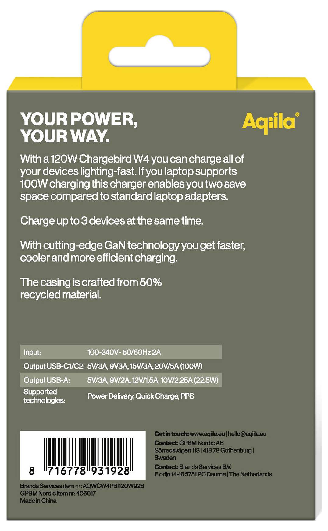 Packung eines 120W Chargebird W4 Ladegeräts von Aqila. Beschreibung betont schnelles Laden über USB-C und GaN-Technologie, gehäuse aus 50% recyceltem Material.