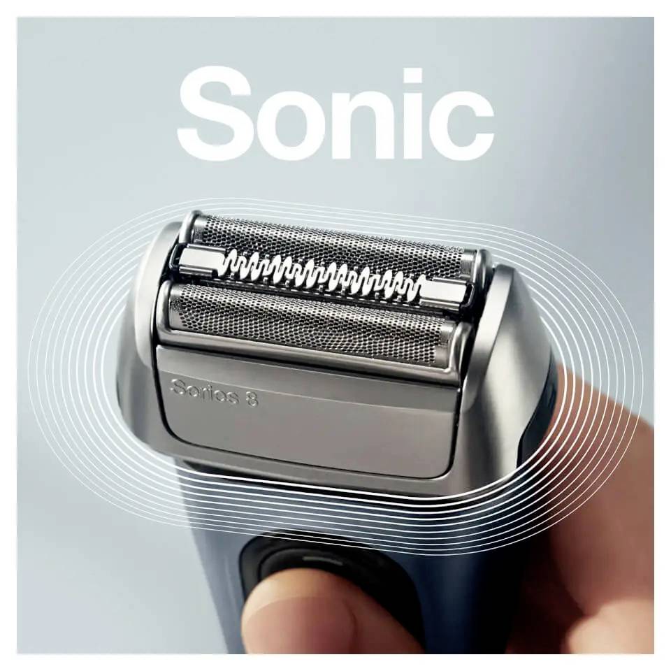 'Elektrorasierer mit fortschrittlichem Scherkopf und modernem Design, blauem Griff, und dem Text 