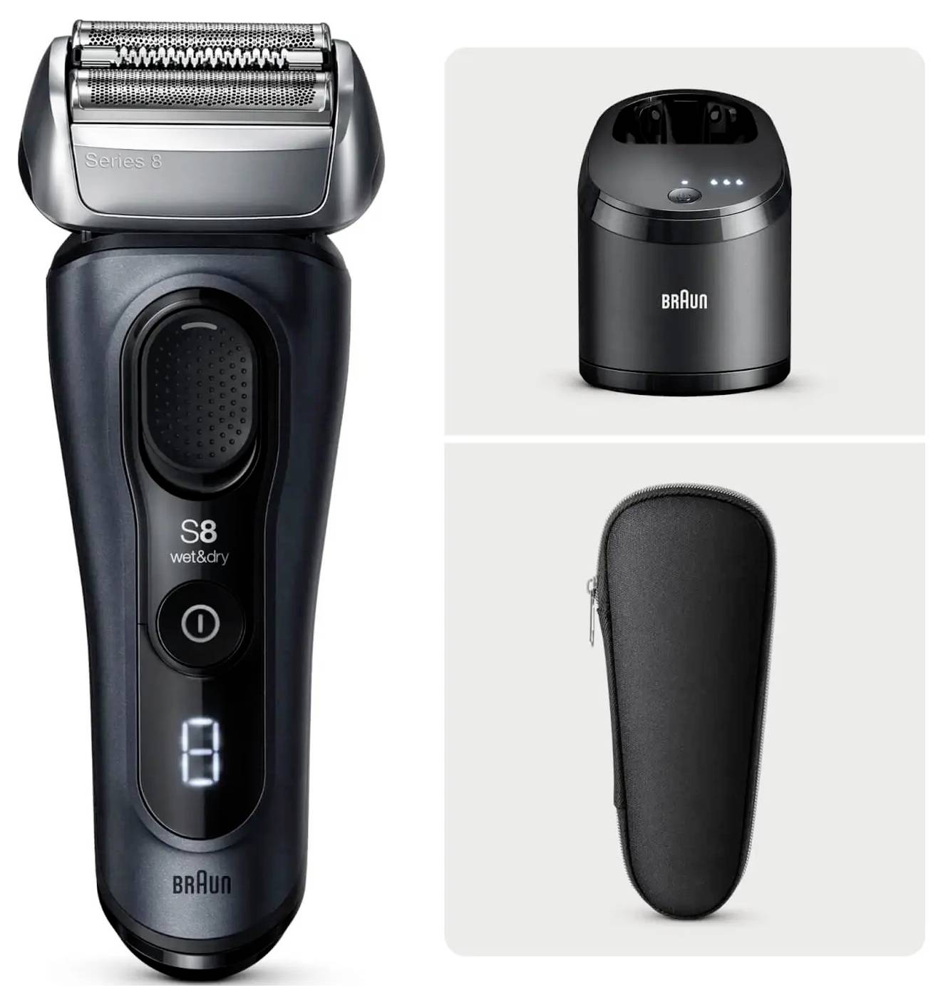 Elektrischer Rasierer mit Station und Etui. Zeigt Modell mit digitalem Display und nassem und trockenem Gebrauch.