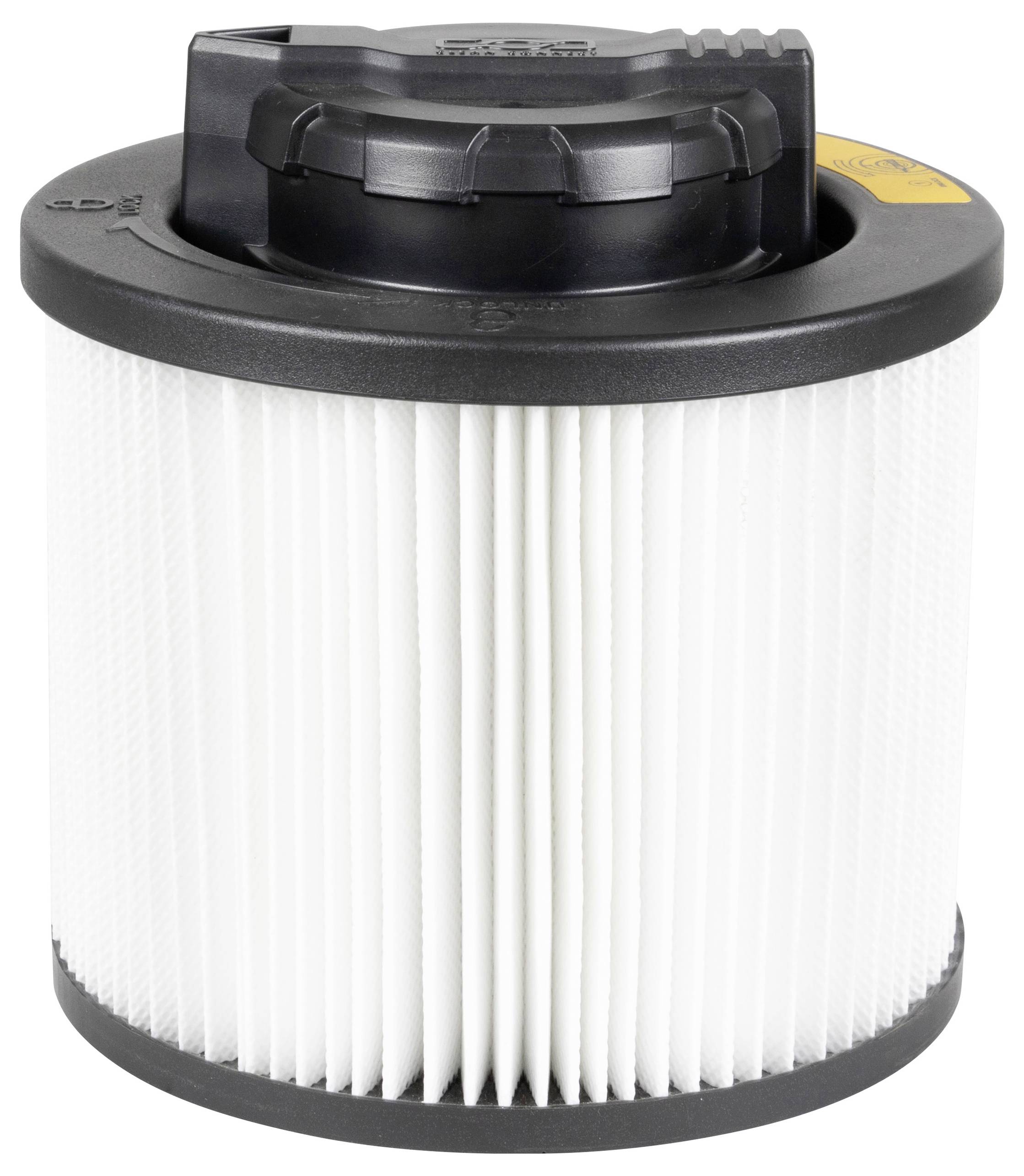 Ein weißer zylindrischer Luftfilter mit schwarzem Deckel, der in Staubsaugern und Luftreinigern verwendet wird.