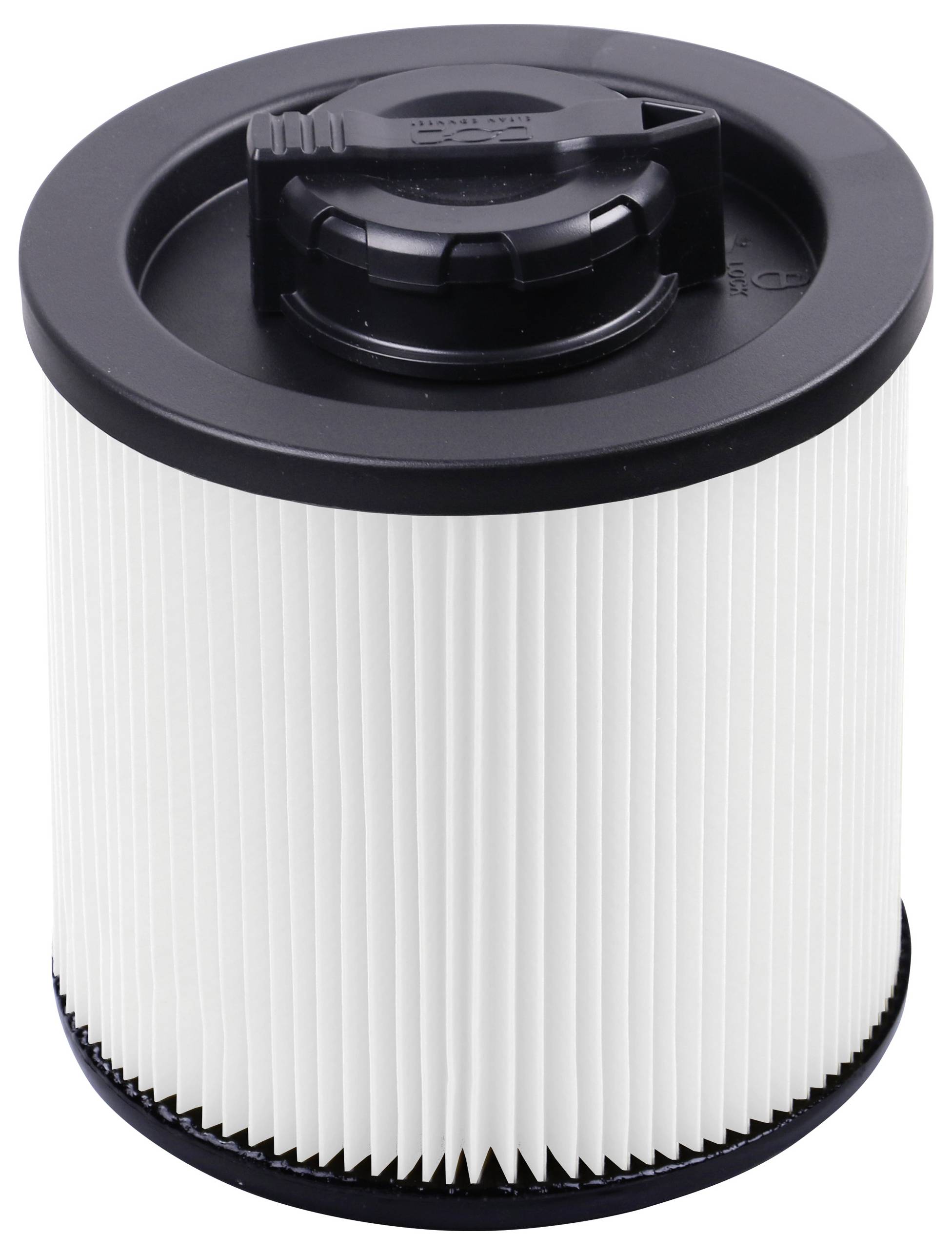 Ein zylindrischer Luftfilter mit weißem Filtermaterial und schwarzem oberen Gehäuse. Designed für den Einsatz in Staubsaugern.