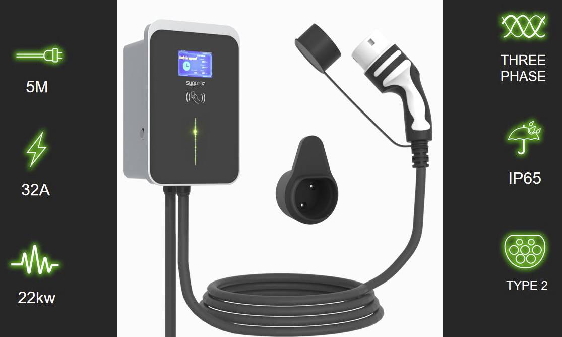 Ein Ladegerät für Elektrofahrzeuge mit Kabel. Links Informationen: '5M', '32A', '22kw'. Rechts: 'THREE PHASE', 'IP65', 'TYPE 2'.