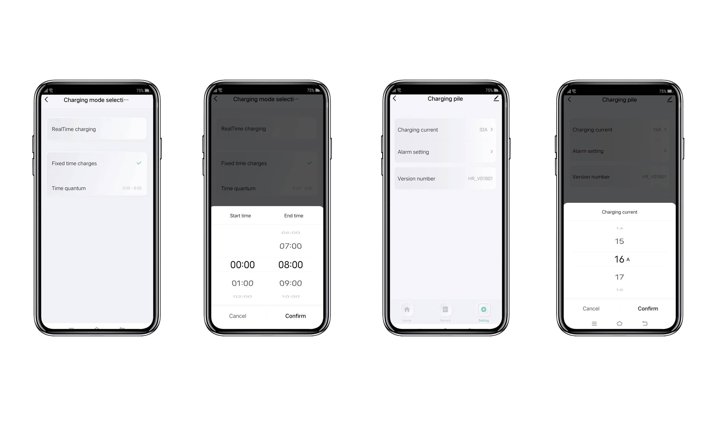Vier Smartphones zeigen Einstellungen für Lademodi. Der erste zeigt 'Realtime charging', der zweite 'Fixed time charging', die anderen weisen verschiedene Ladeoptionen auf.