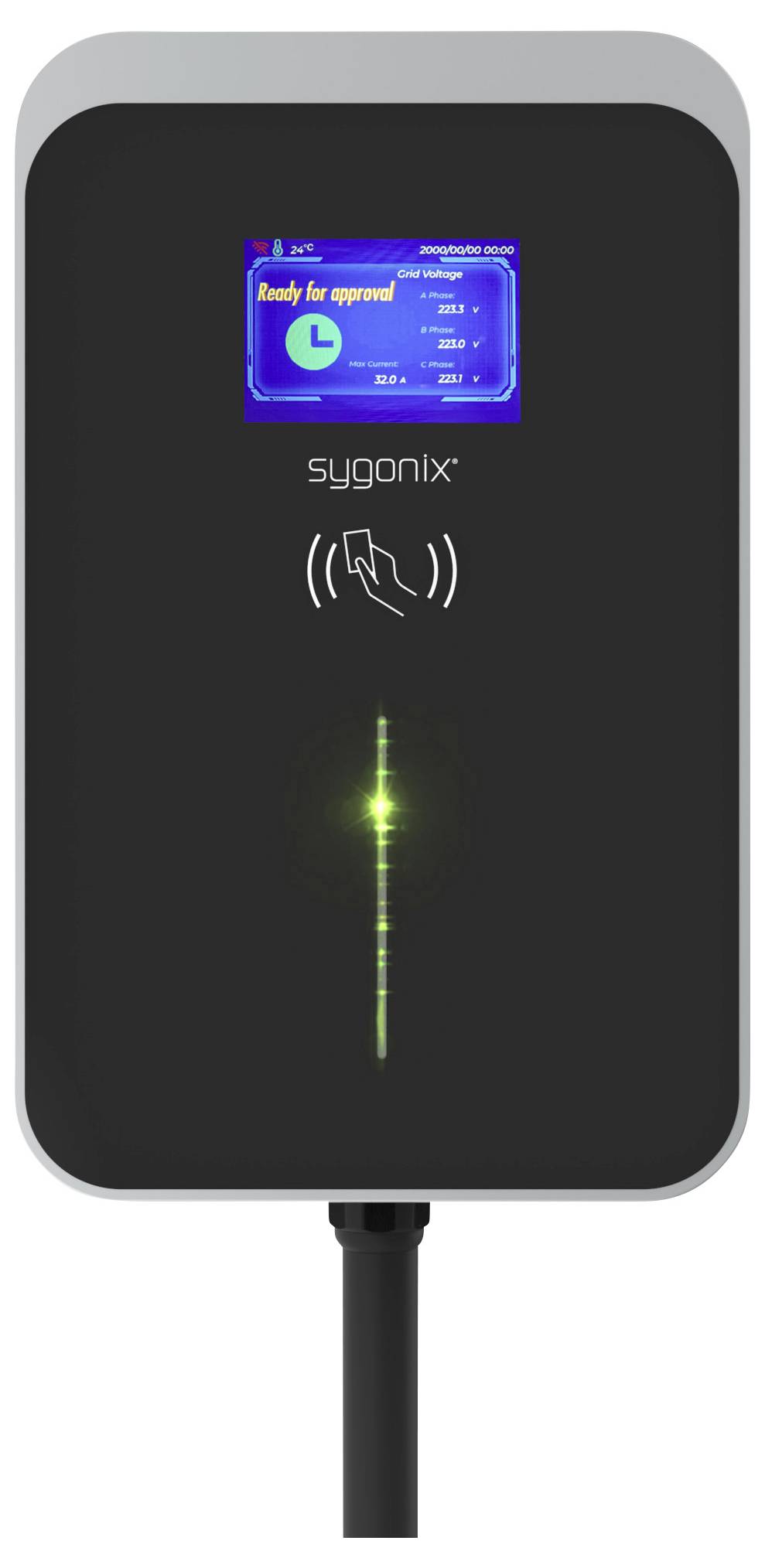 Ladestation mit digitalem Display zeigt Ladevorgang an. Markenlogo 'sygonix'. Berührungsfläche zur Aktivierung.