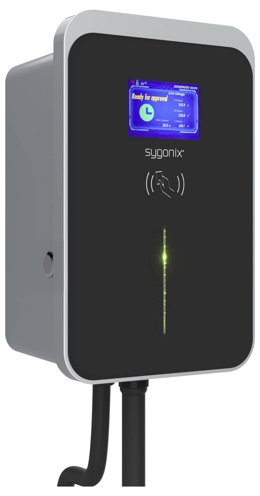 Ladestation von Sygonix mit digitalem Display und Touchinterface, zeigt Ladevorgang an. Schwarzes Gehäuse mit Kabelanschluss unten.
