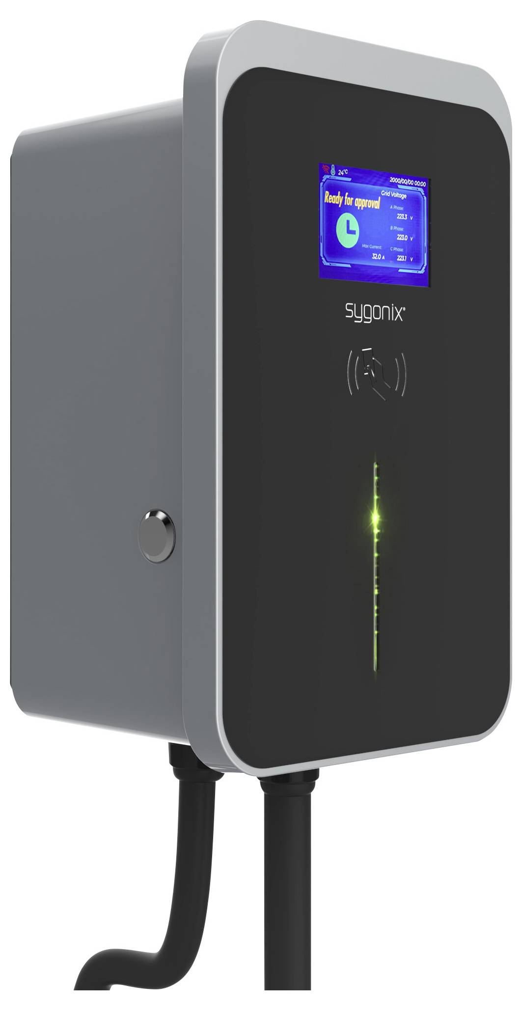 Eine graue Wallbox mit digitalem Display, zeigt Ladeinformationen für Elektrofahrzeuge. Die Box hat Kabelanschlüsse an der Unterseite.