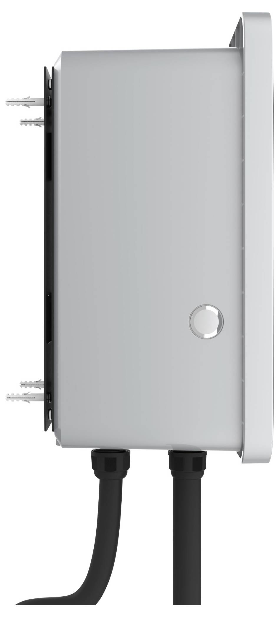 Silberne elektrische Box, Seitenansicht, mit zwei schwarzen Kabeln unten angeschlossen.