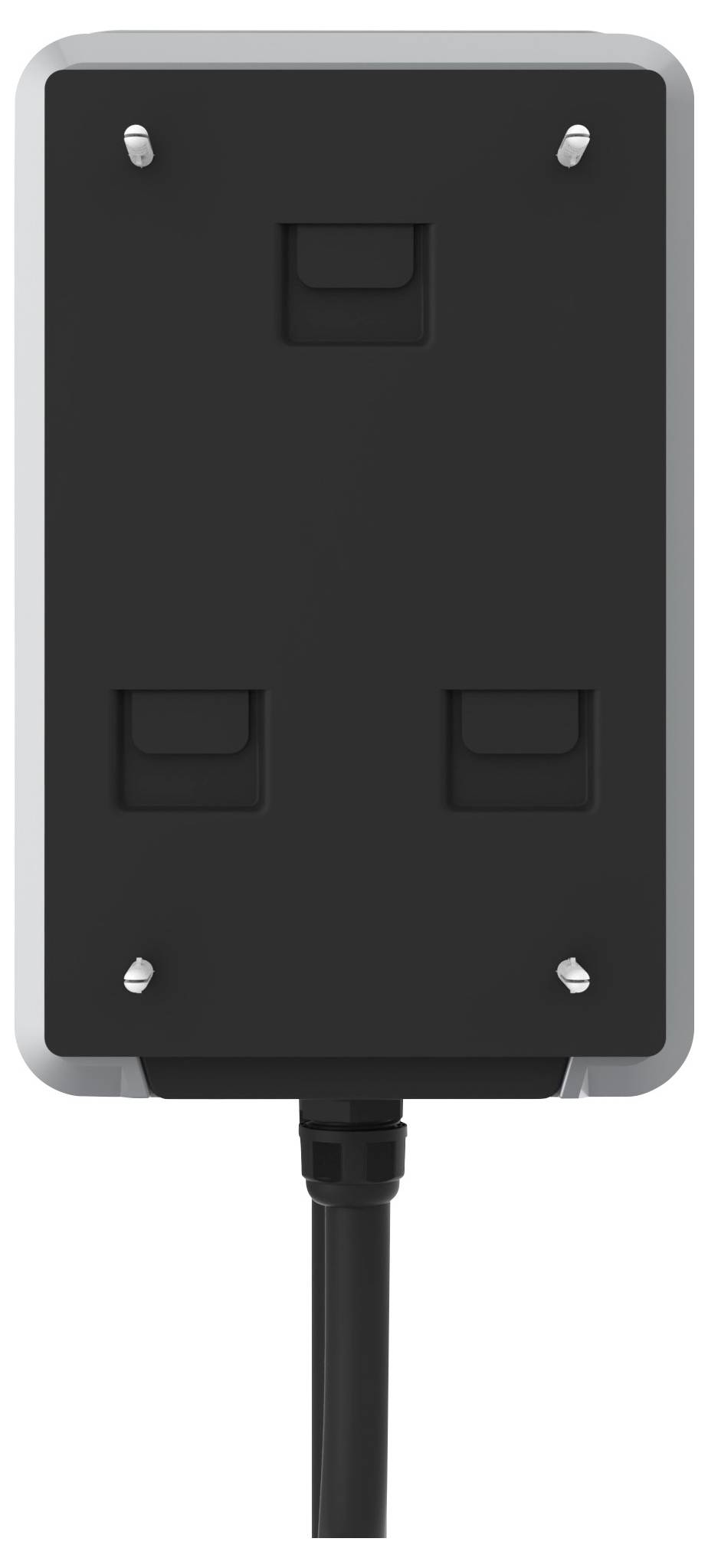 Ein rechteckiges, schwarzes elektronisches Gerät mit einem Kabel an der Unterseite, vermutlich zur Wandmontage geeignet.