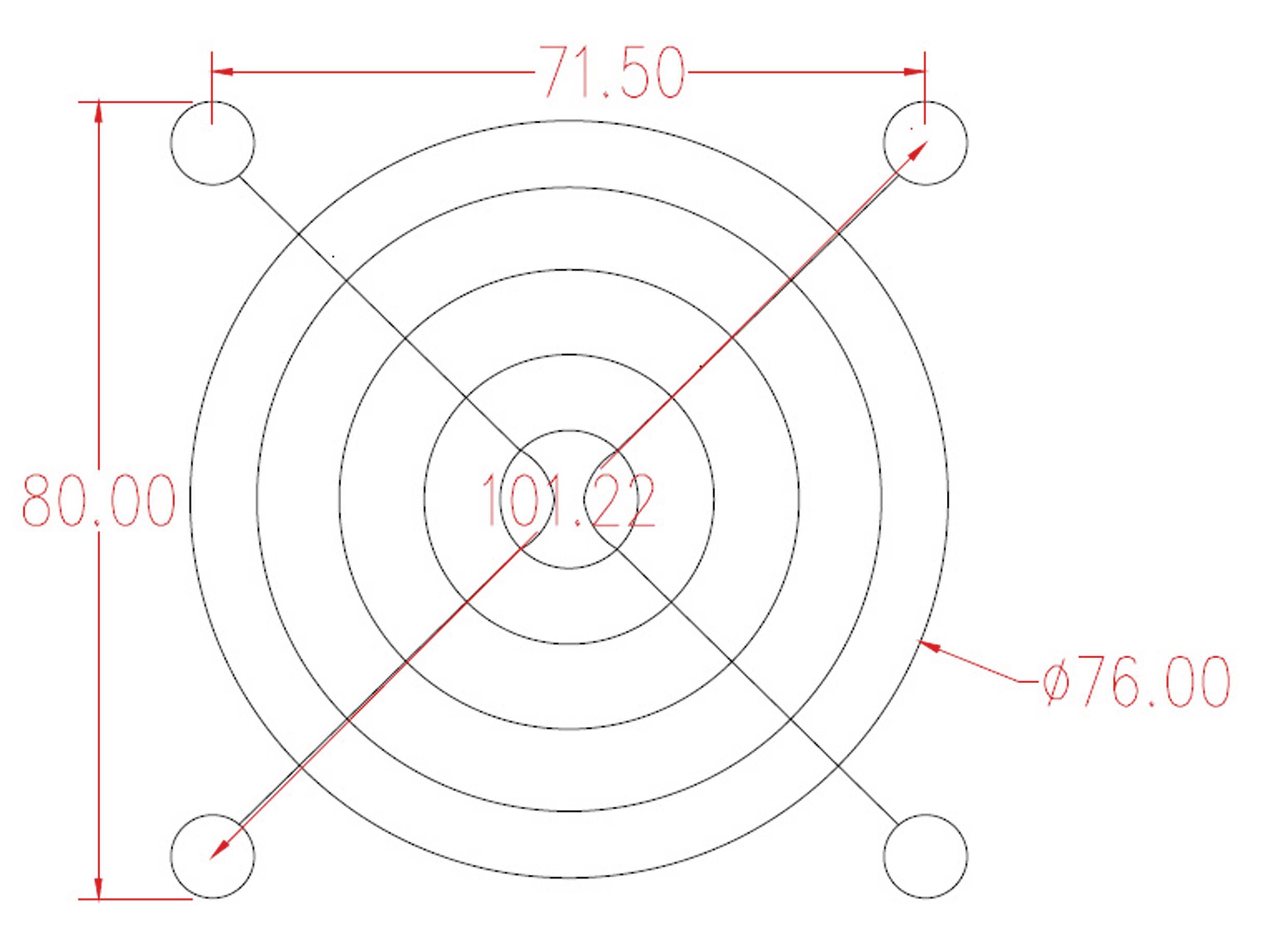 Diagramm eines Lüftergitters mit Gesamtbreite 80, Höhe 71,5, Durchmesser der Öffnung 76 und Mittelpunkt bei 101,22.