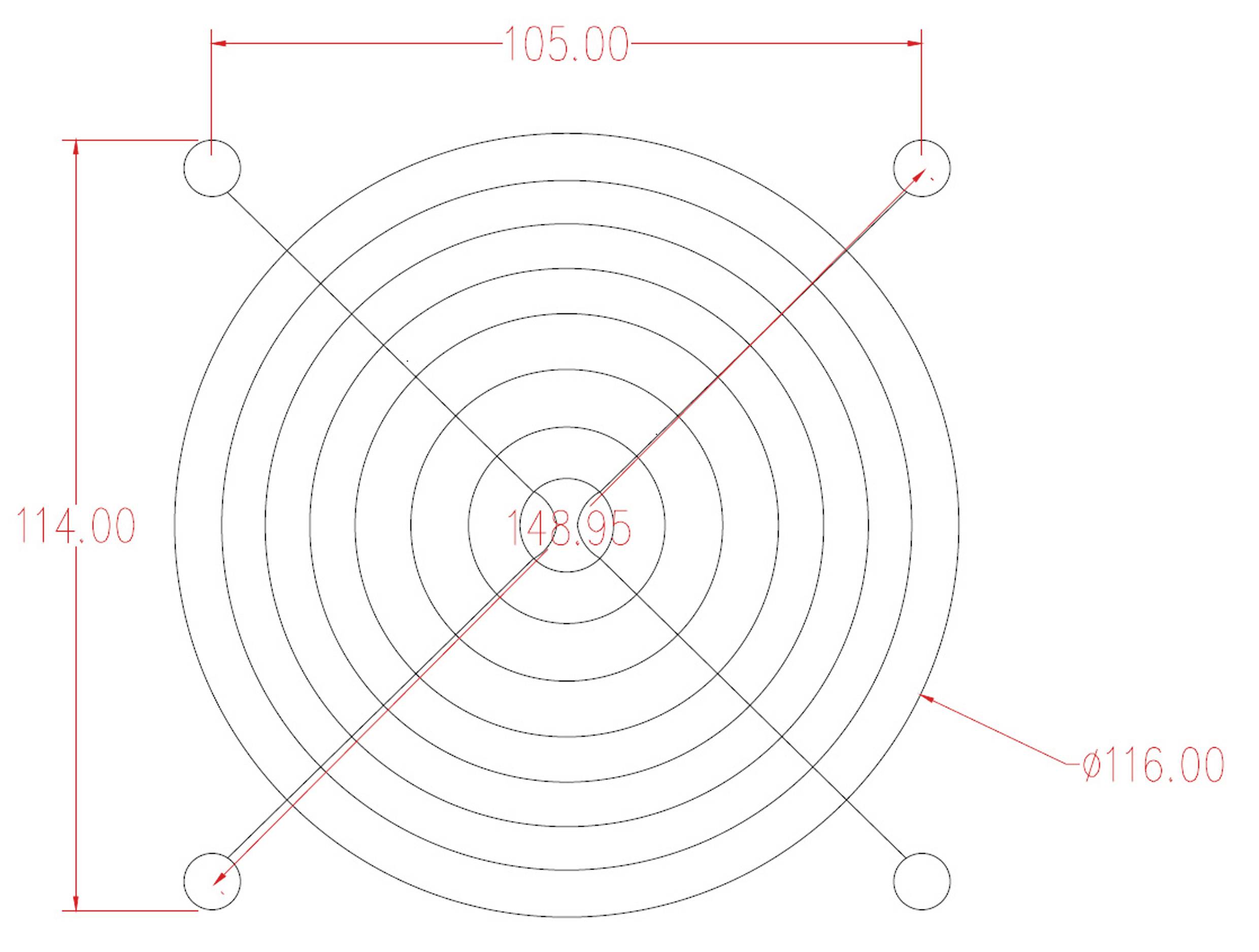 Zeichnung eines Lüftergitters mit acht konzentrischen Ringen, vier Befestigungslöchern und Dimensionen: 148,95 mm durchmesser, 116,00 mm Lochdurchmesser, 105,00 mm Abstand zwischen Löchern horizontal, 114,00 mm vertikal.
