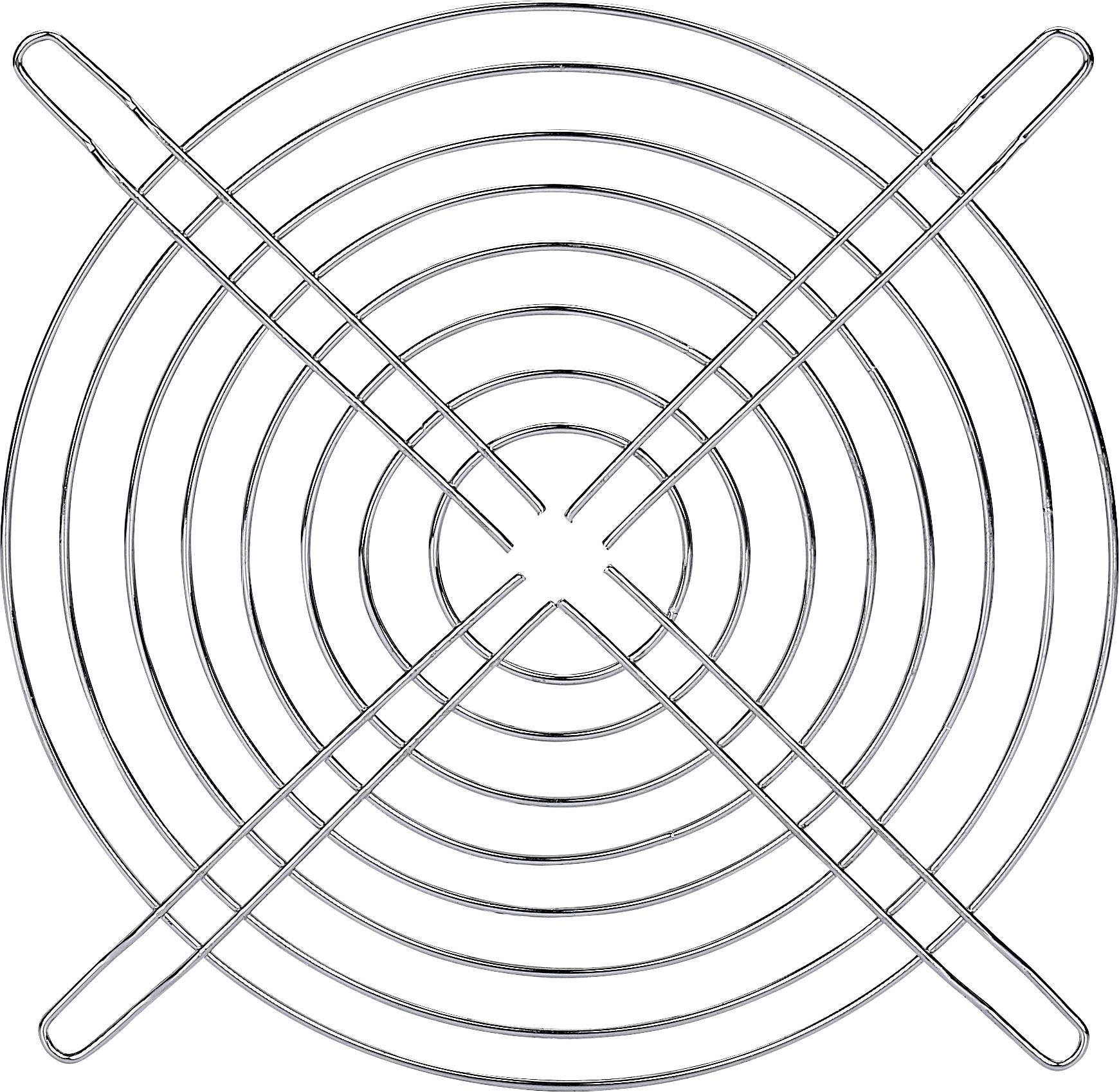 Ein silbernes, kreisförmiges Metallgitter, bestehend aus parallelen und konzentrischen Ringen, mit x-förmiger Verstrebung in der Mitte.