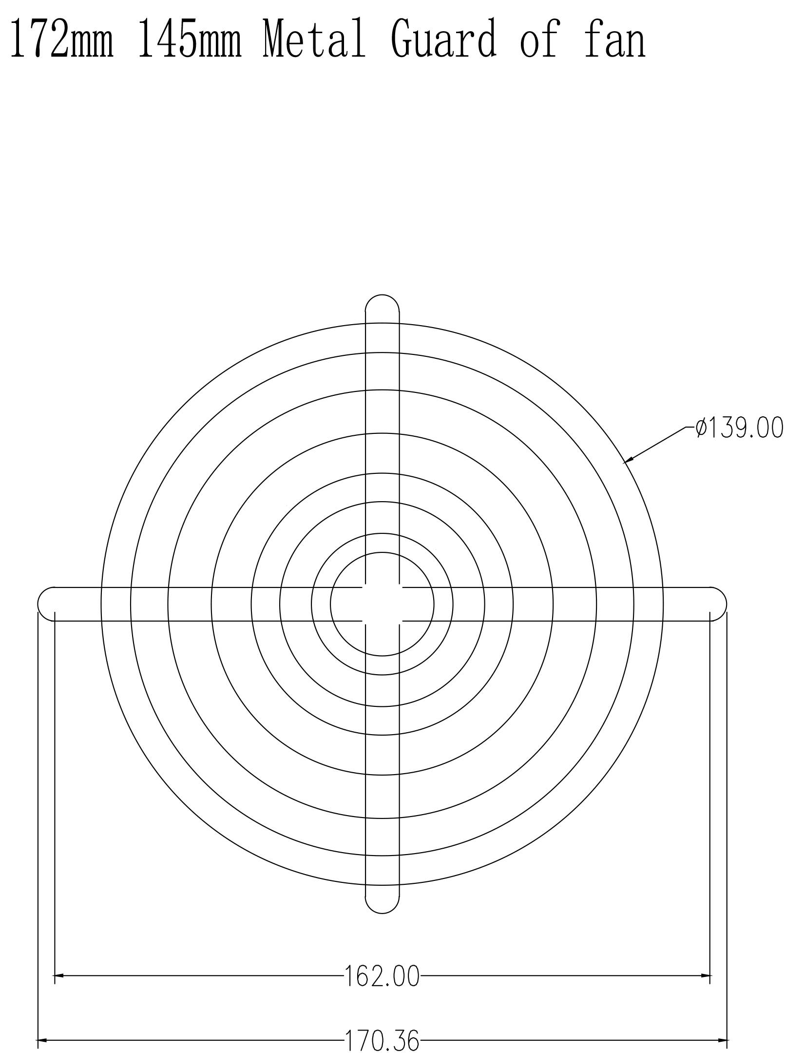 Skizze eines Metallgitters für Lüfter; zeigt Abmessungen von 172mm x 145mm. Zentrale Öffnung hat Durchmesser von 139mm.
