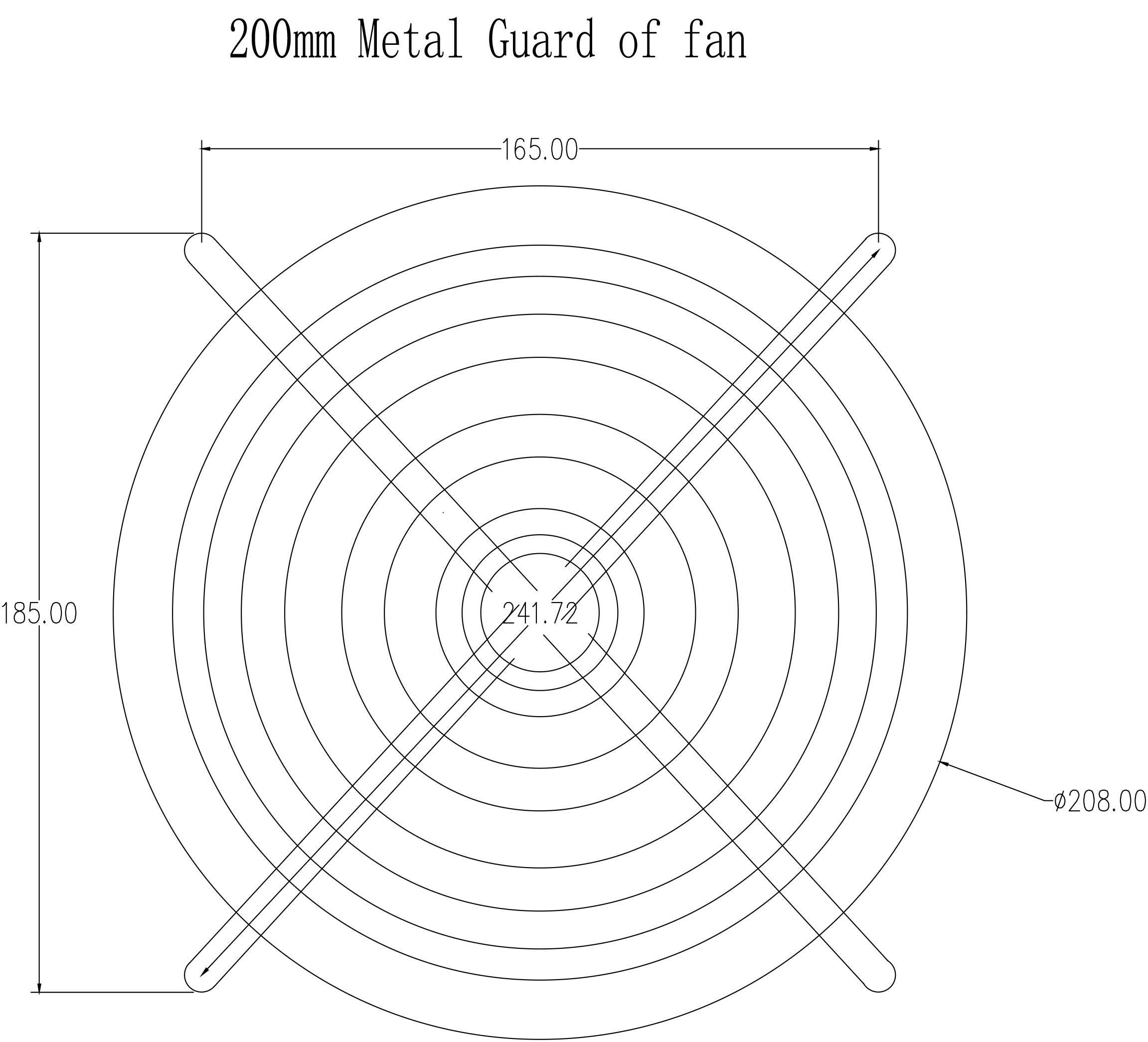 '200mm Metallgitter für Ventilator' mit Abmessungen: Außendurchmesser 208mm, Innendurchmesser 241.72mm, Höhe 185mm, Breite 165mm.