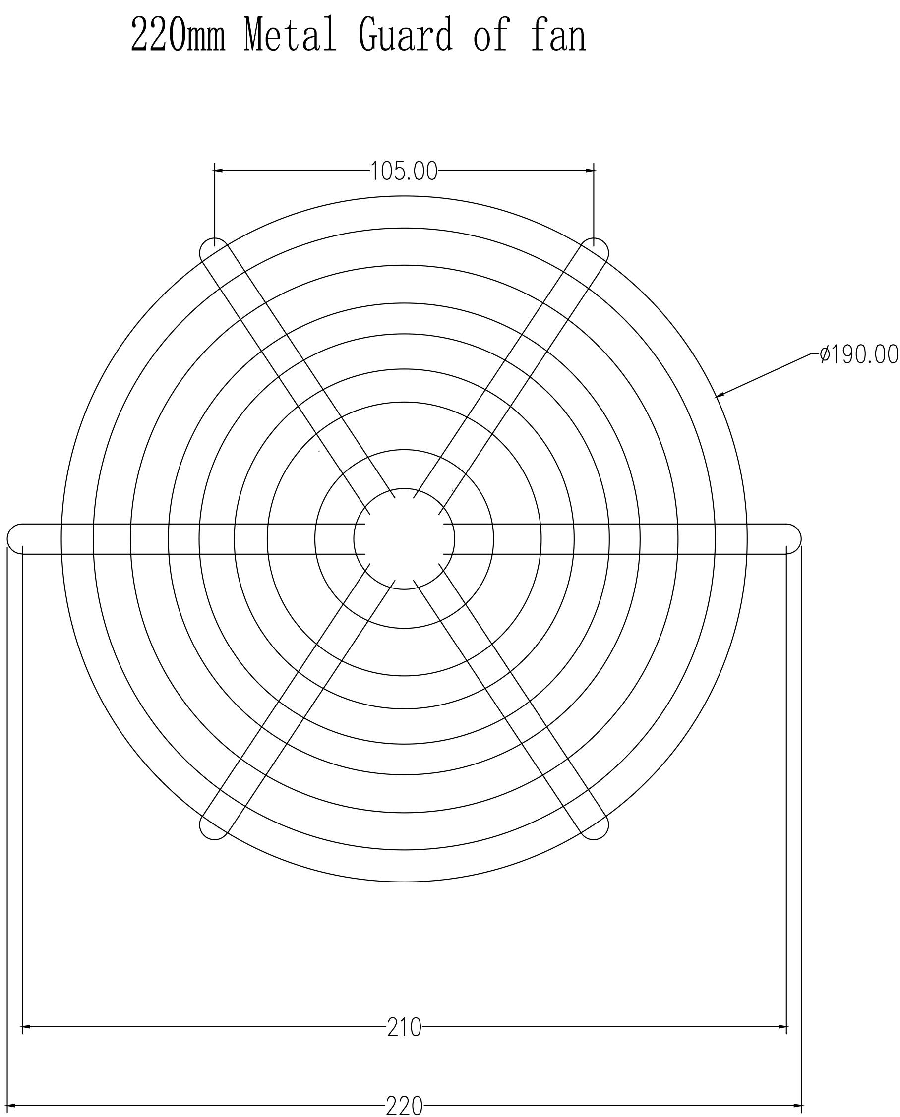 Technische Zeichnung einer Ventilator-Metallschutzabdeckung, 220 mm Durchmesser, konzentrische Ringe, Abmessungen markiert.