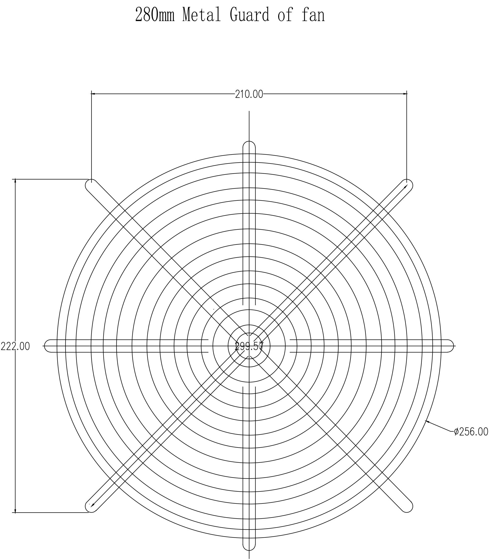 Technische Zeichnung eines 280 mm Metallgitters für einen Ventilator, mit genauen Maßangaben von 210 mm und 222 mm.
