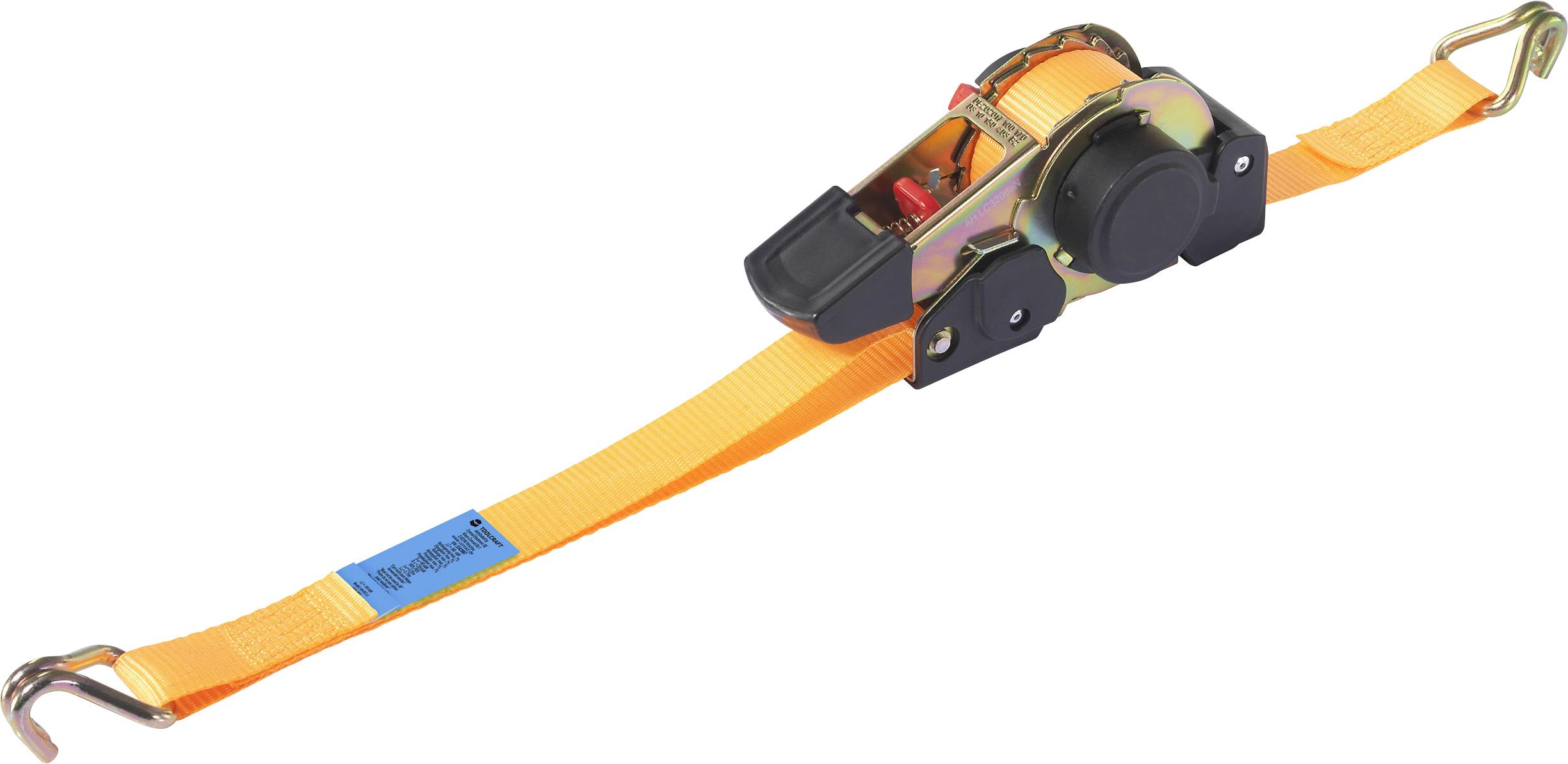 Ratschenspanngurt in leuchtendem Orange mit Metallhaken an beiden Enden, geeignet zur Sicherung von Lasten.
