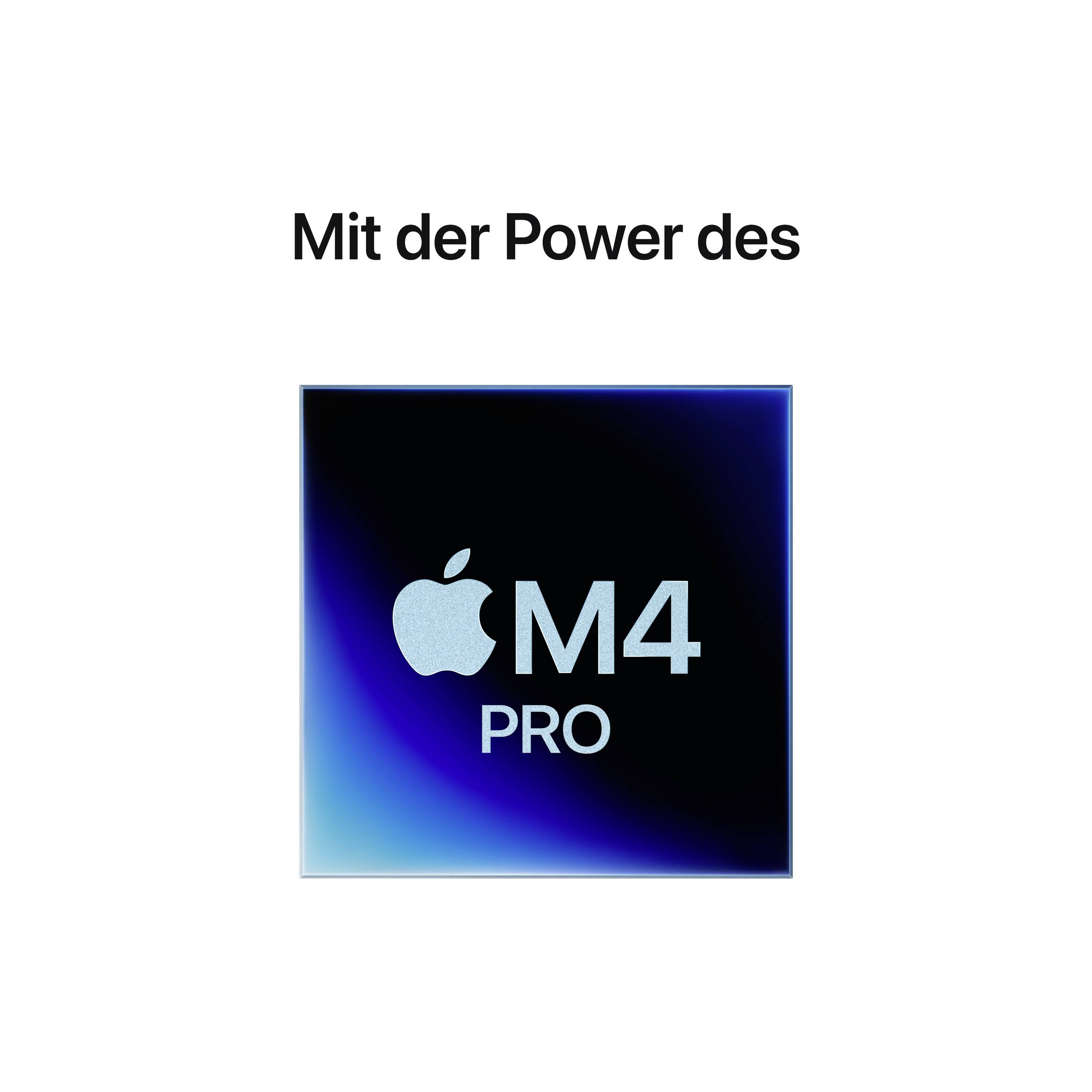 'Mit der Power des M4 Pro' – Ein blau-schwarzes Quadrat zeigt das Apple-Logo und den Schriftzug 'M4 PRO'.