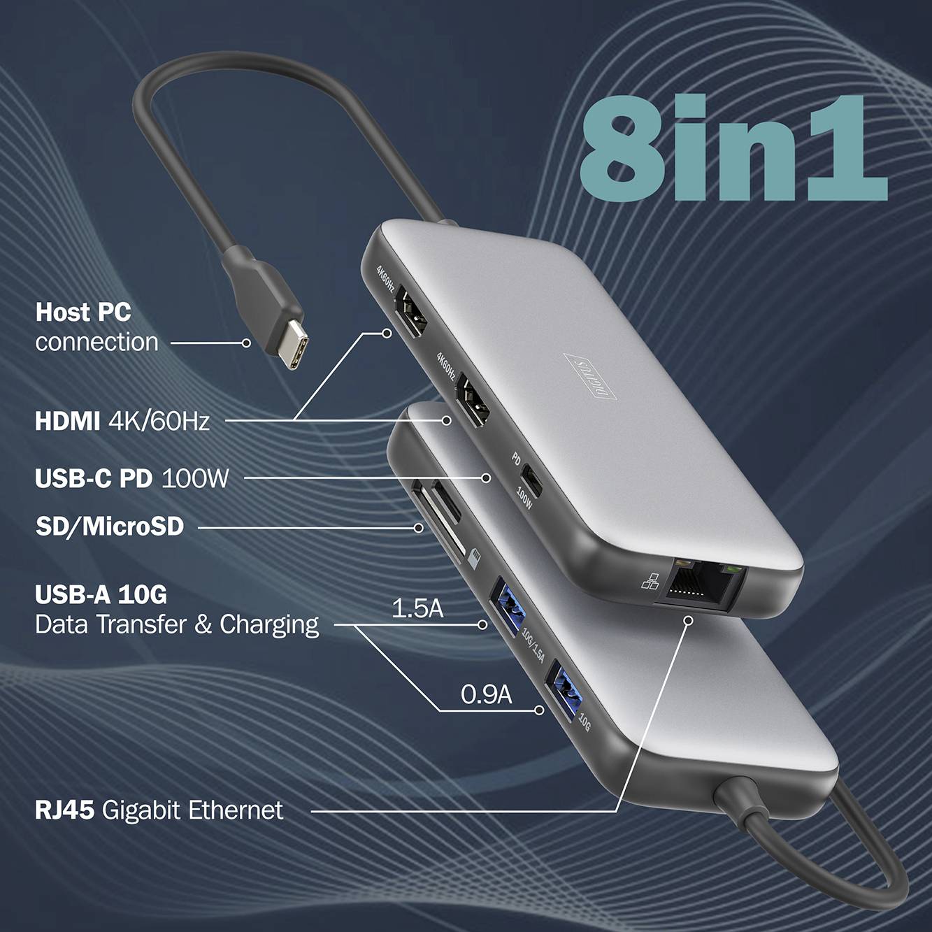 Digitus USB-C® Dockingstation DA-70915 inkl. Ladefunktion, integrierter Kartenleser, USB-C® Power Delivery
