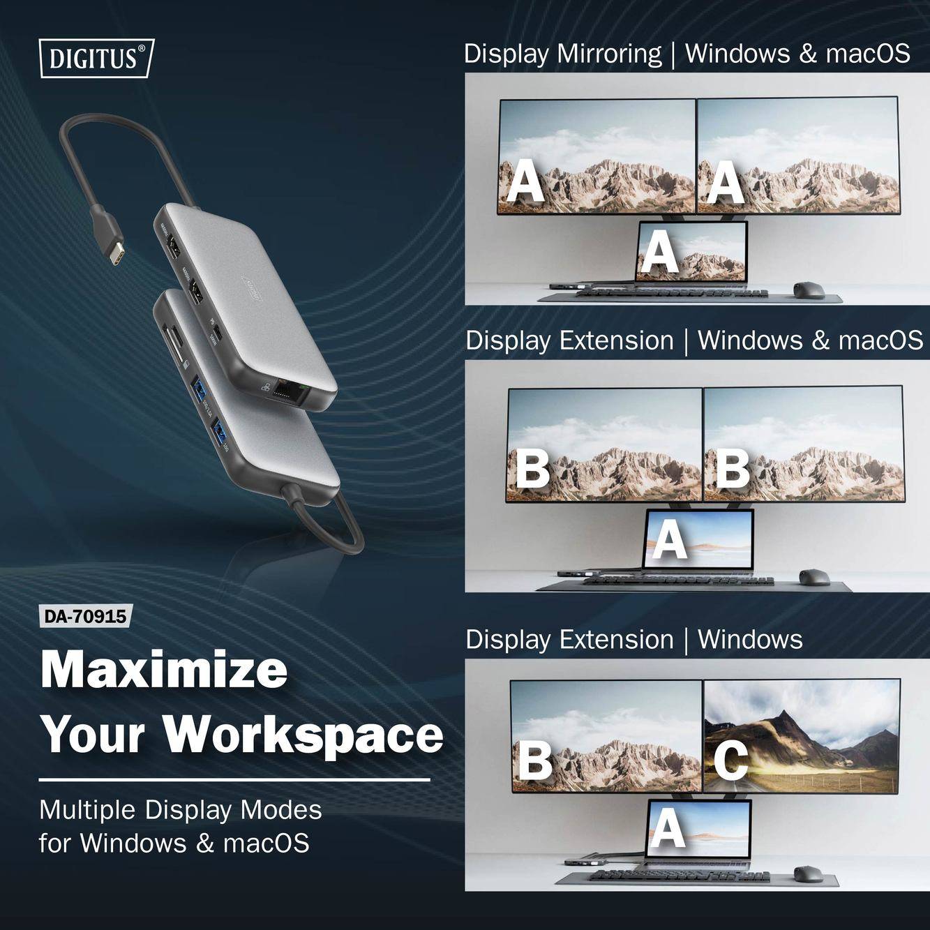 Digitus USB-C® Dockingstation DA-70915 inkl. Ladefunktion, integrierter Kartenleser, USB-C® Power Delivery