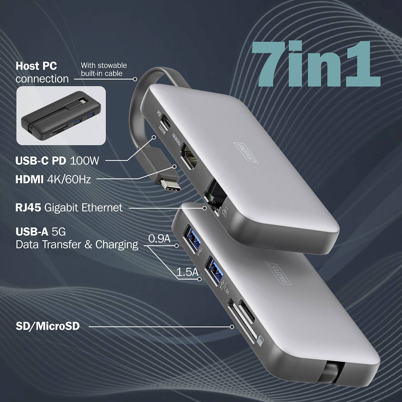 Digitus USB-C® Dockingstation DA-70916 inkl. Ladefunktion, integrierter Kartenleser, USB-C® Power Delivery