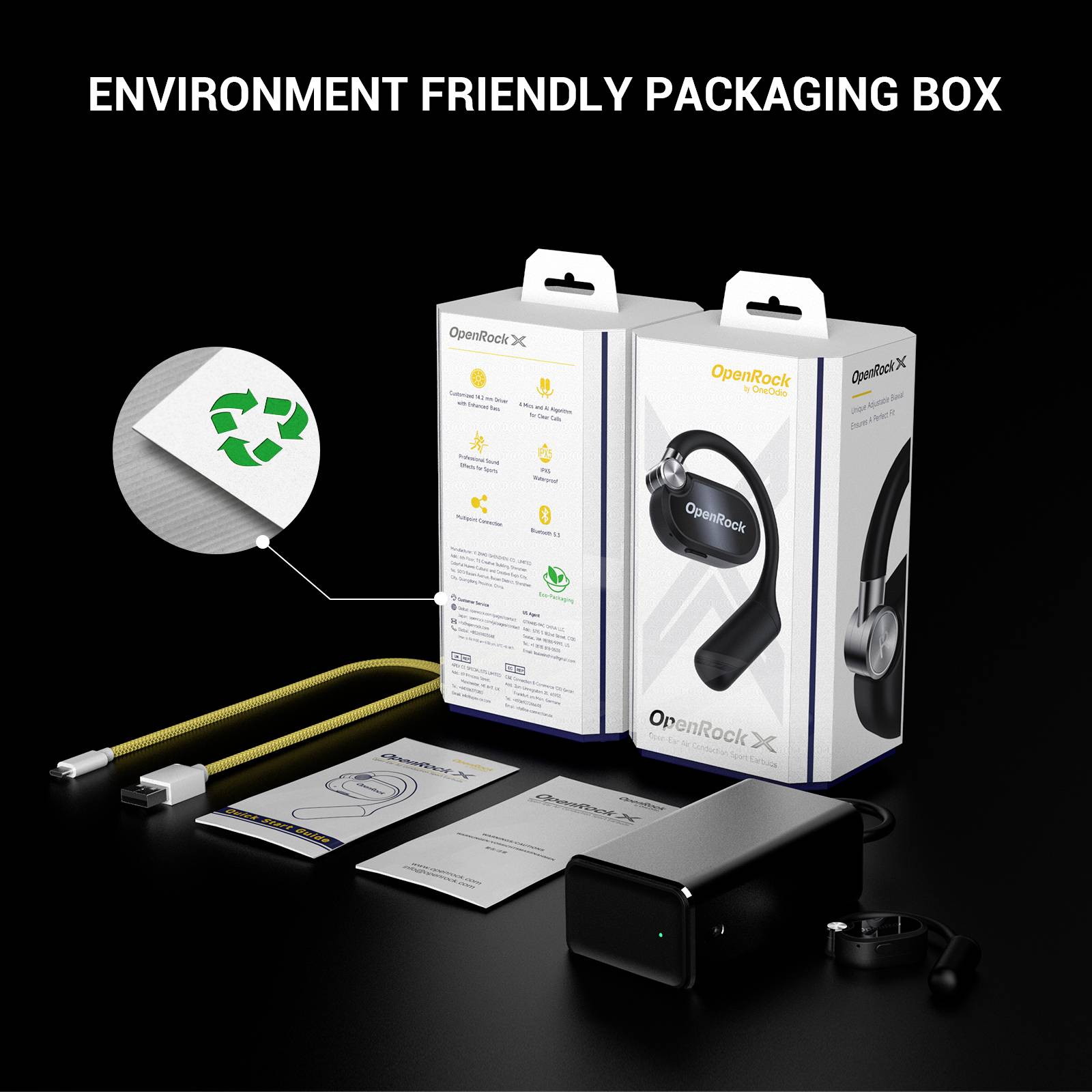 OneOdio OpenRock X Black In Ear Kopfhörer Bluetooth® Stereo Schwarz Sport