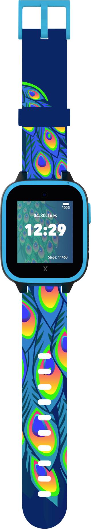 Bunte Armbanduhr mit Pfauenfedermuster. Display zeigt '12:29'. Helles Design auf dunkelblauem Hintergrund.