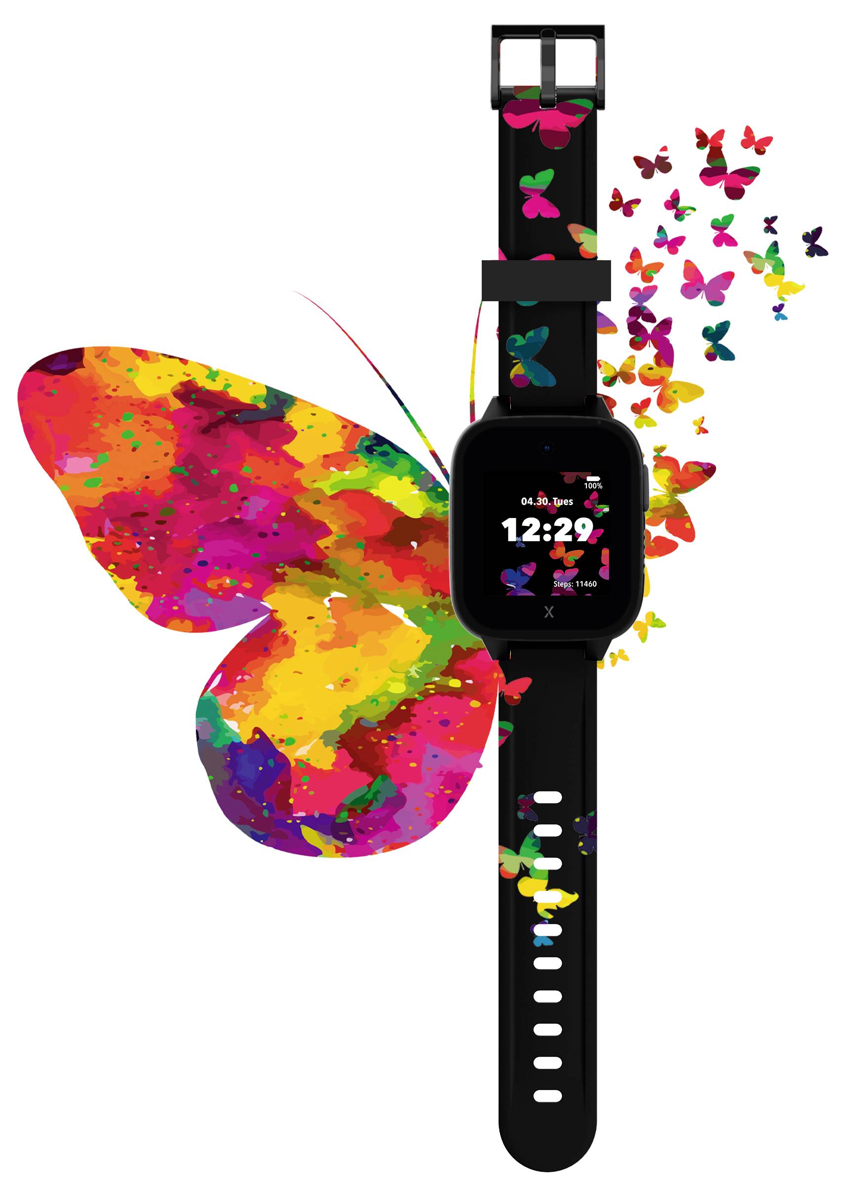 Bunte Smartwatch mit leuchtendem Schmetterlingsmotiv. Der Bildschirm zeigt die Uhrzeit 12:29. Entworfen mit farbenfroher Grafik.