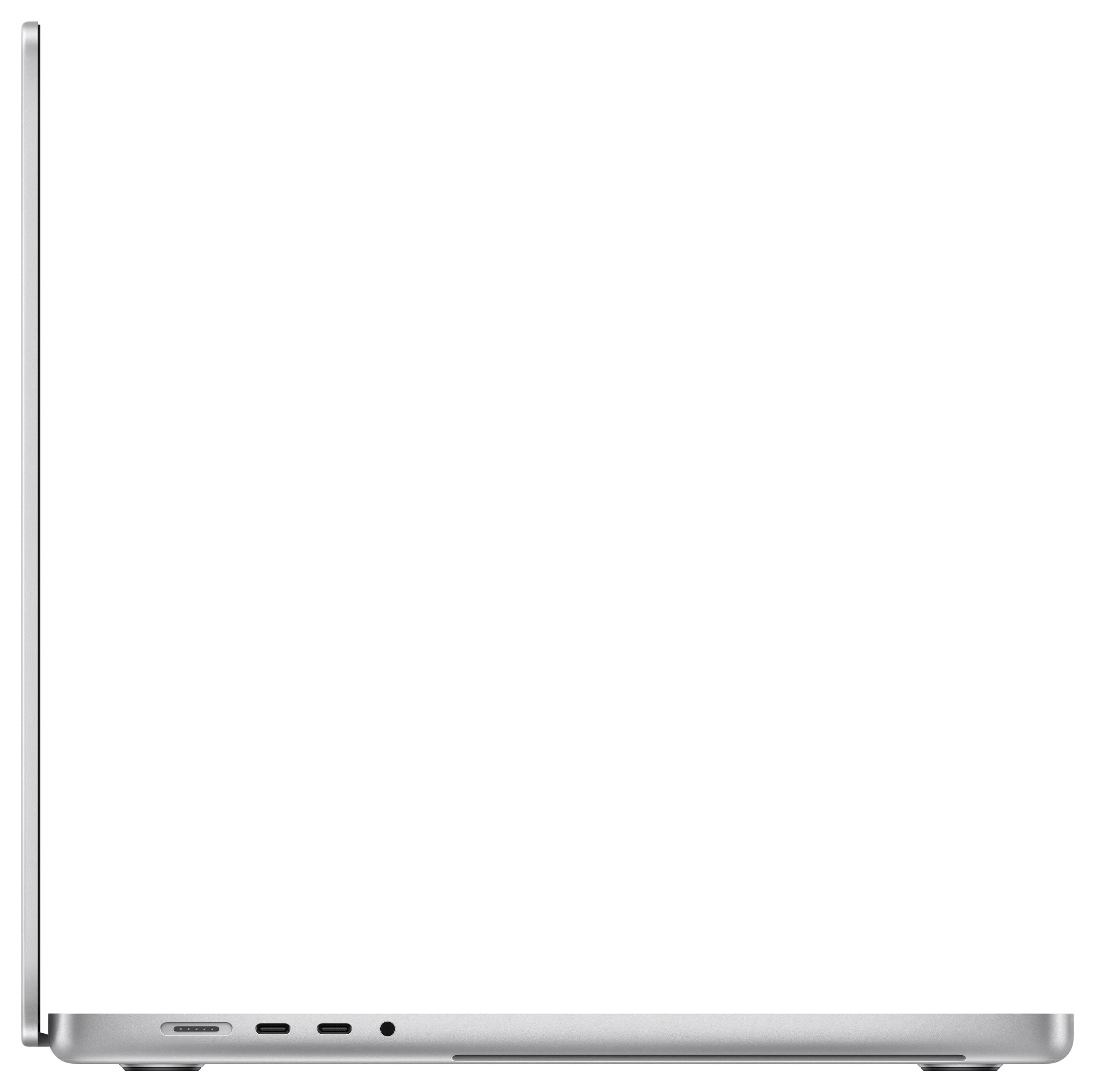 Silberner Laptop seitliche Ansicht mit geöffnetem Bildschirm, mehrere Anschlüsse sichtbar.