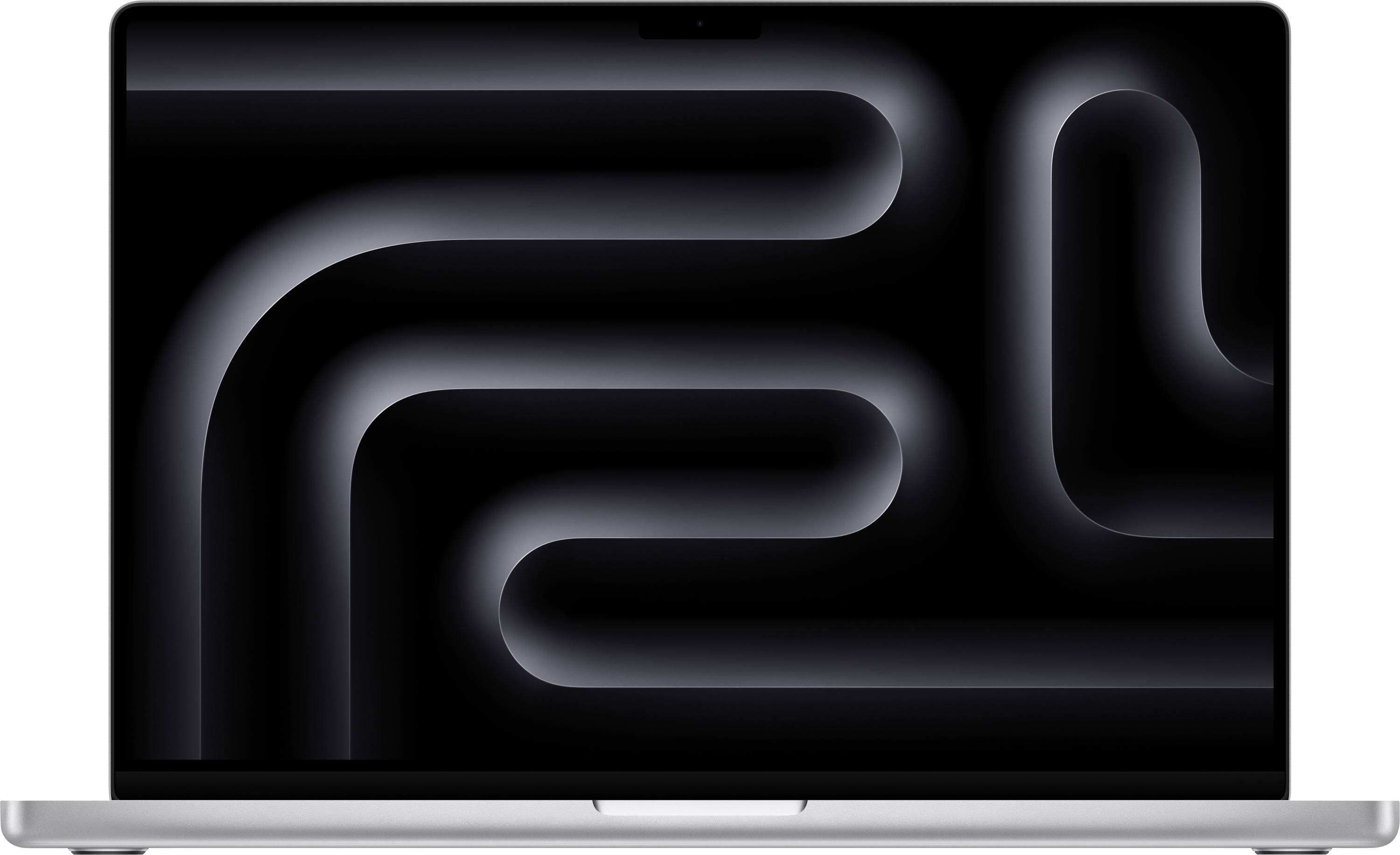 Ein Laptop mit einem stilvollen, dunklen Bildschirmhintergrund, der aus geschwungenen Linien besteht.