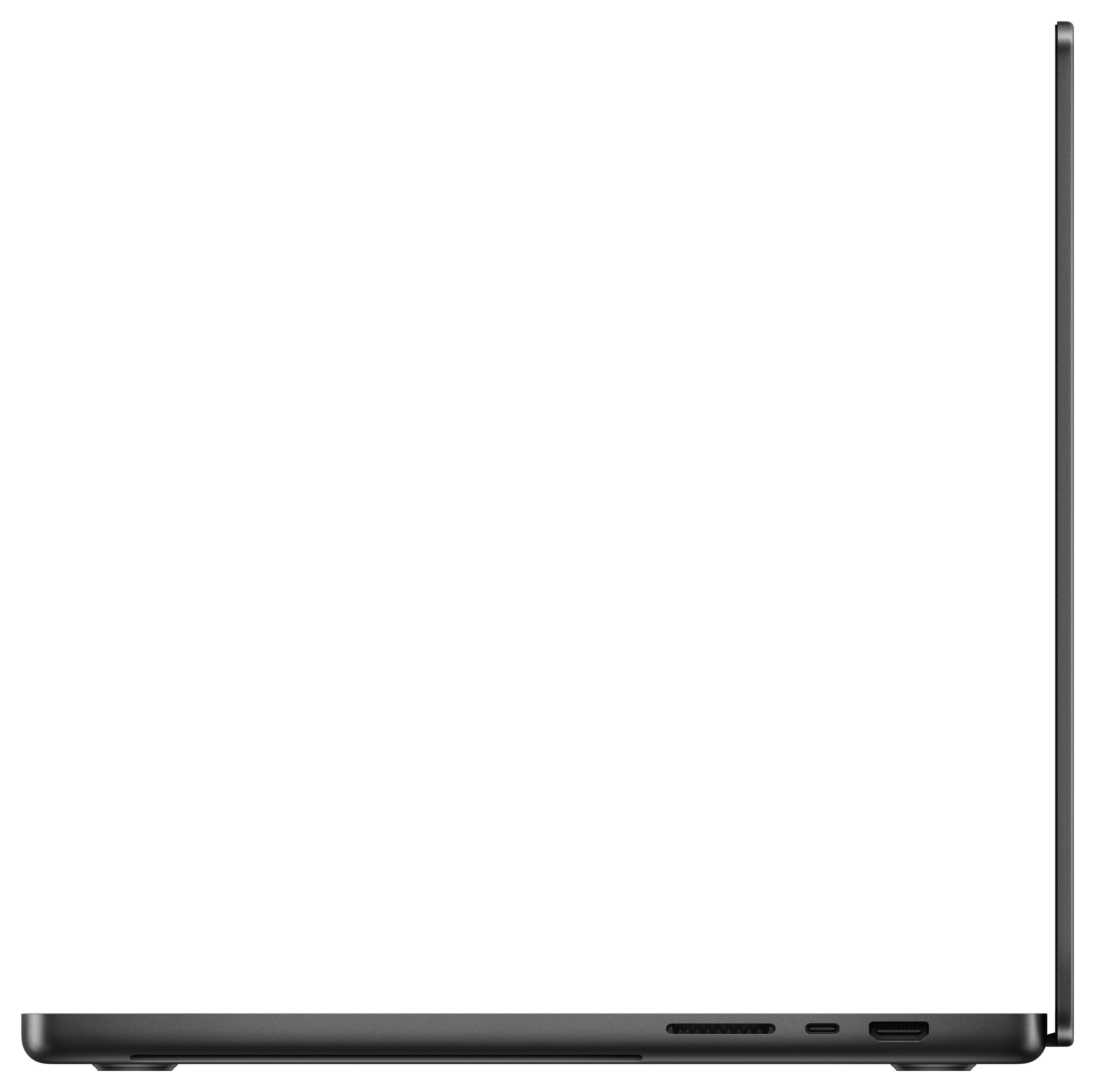 Seitliche Ansicht eines aufgeklappten Laptops in dunklem Gehäuse, zeigt schlankes Design und USB-Anschlüsse.