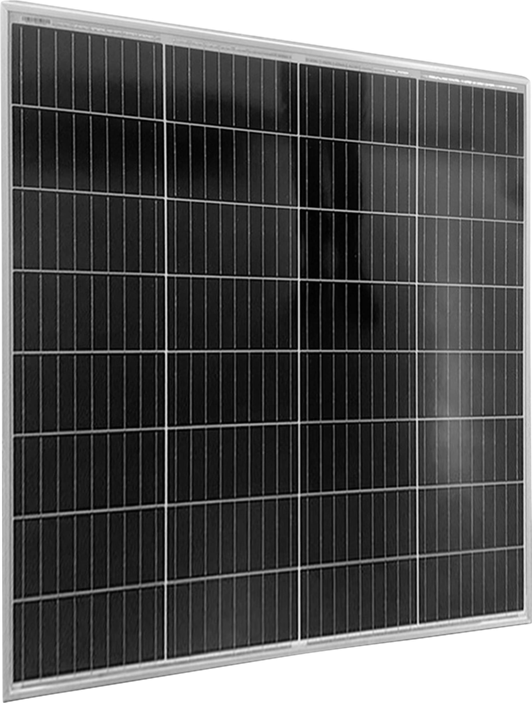 Ein einzelnes Solarmodul mit rechteckiger Form, bestehend aus mehreren rechteckigen Solarzellen in einem silbernen Rahmen.