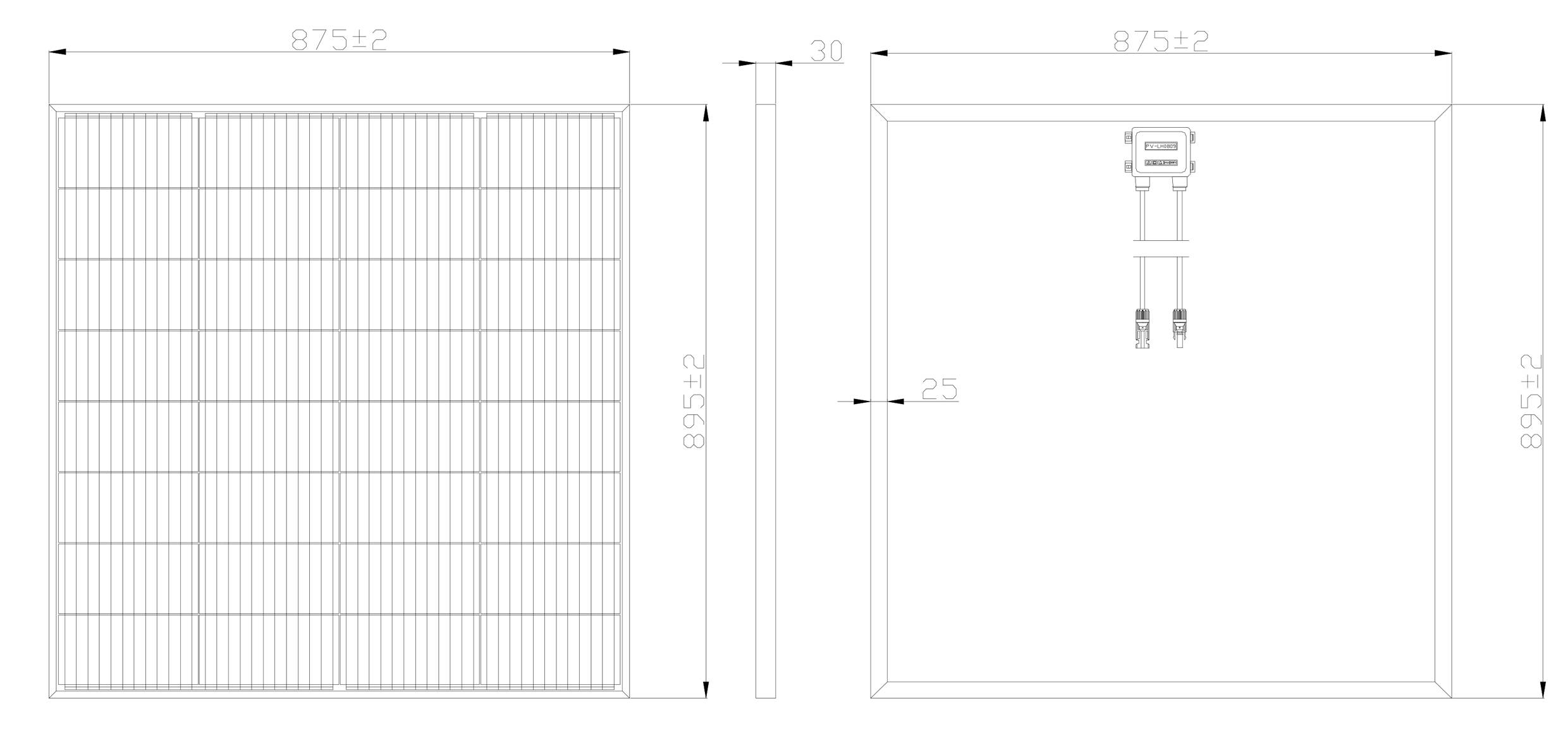 Skizze von Solarpanel: Links Vorderansicht mit 40 Zellen, rechts Rückansicht mit Anschlussdetails. Maße: 875 x 895 mm.