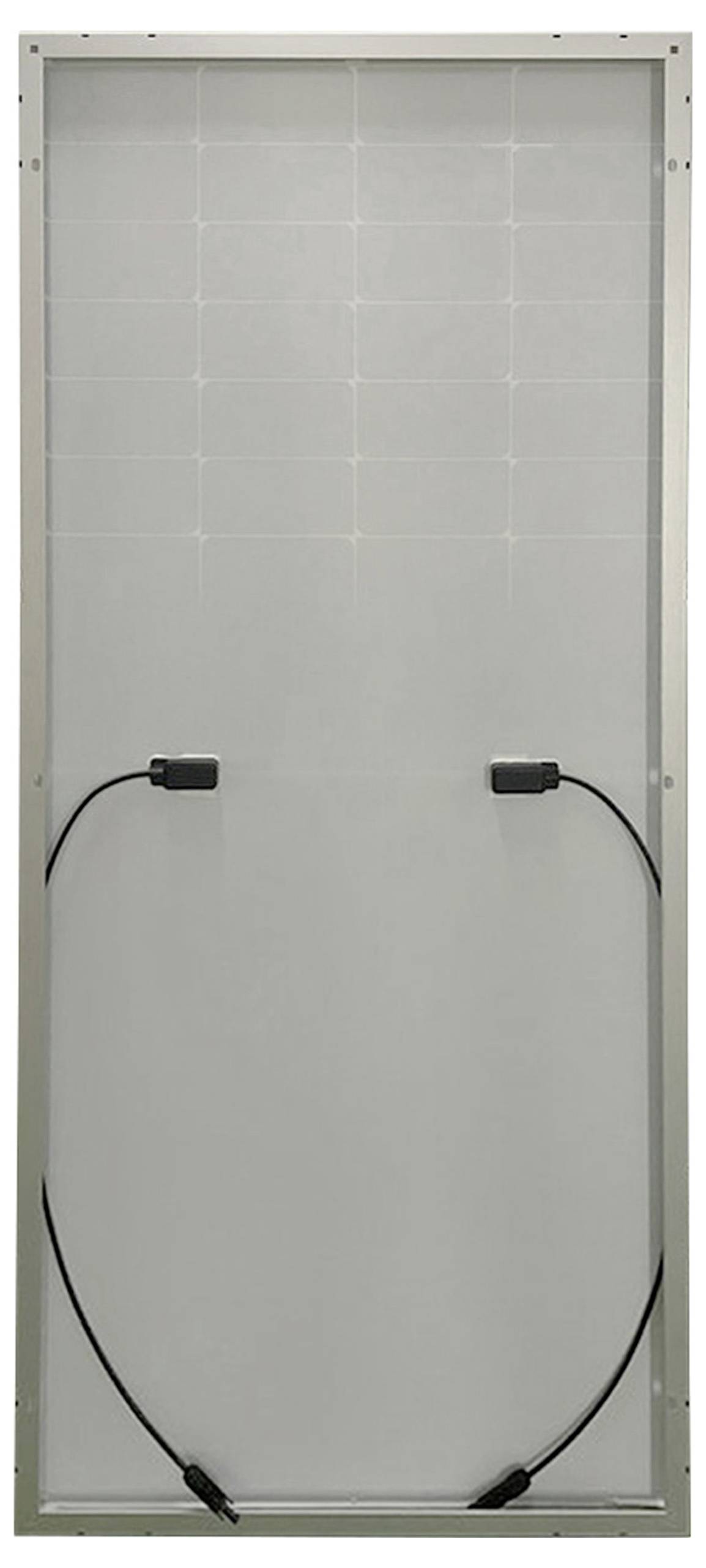 Rückseite eines Solarmoduls mit zwei elektrischen Anschlussdosen und Kabeln.