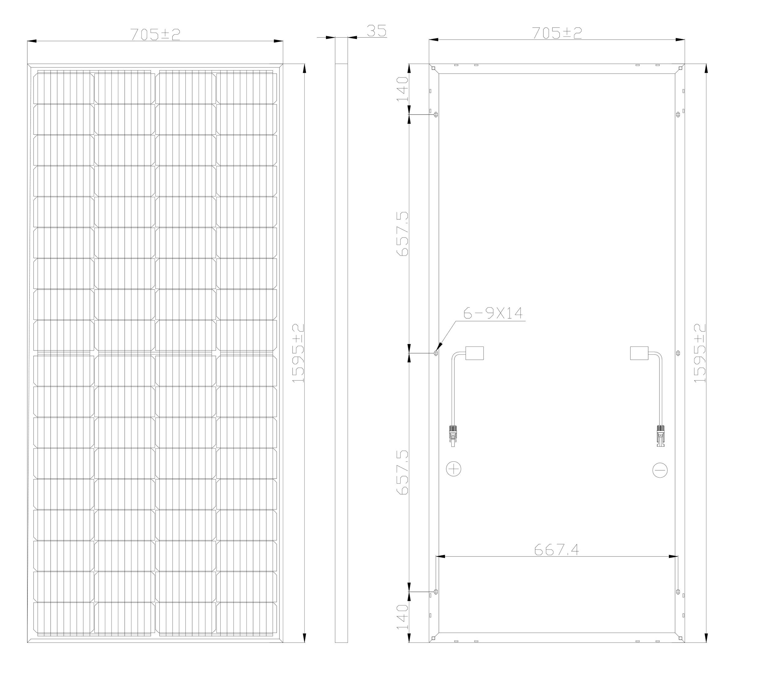 Technische Zeichnung eines Solarmoduls mit Vorder-, Seiten- und Rückansicht. Maße: 705x1595 mm. Bohrlöcher und Anschlusspositionen gezeigt.