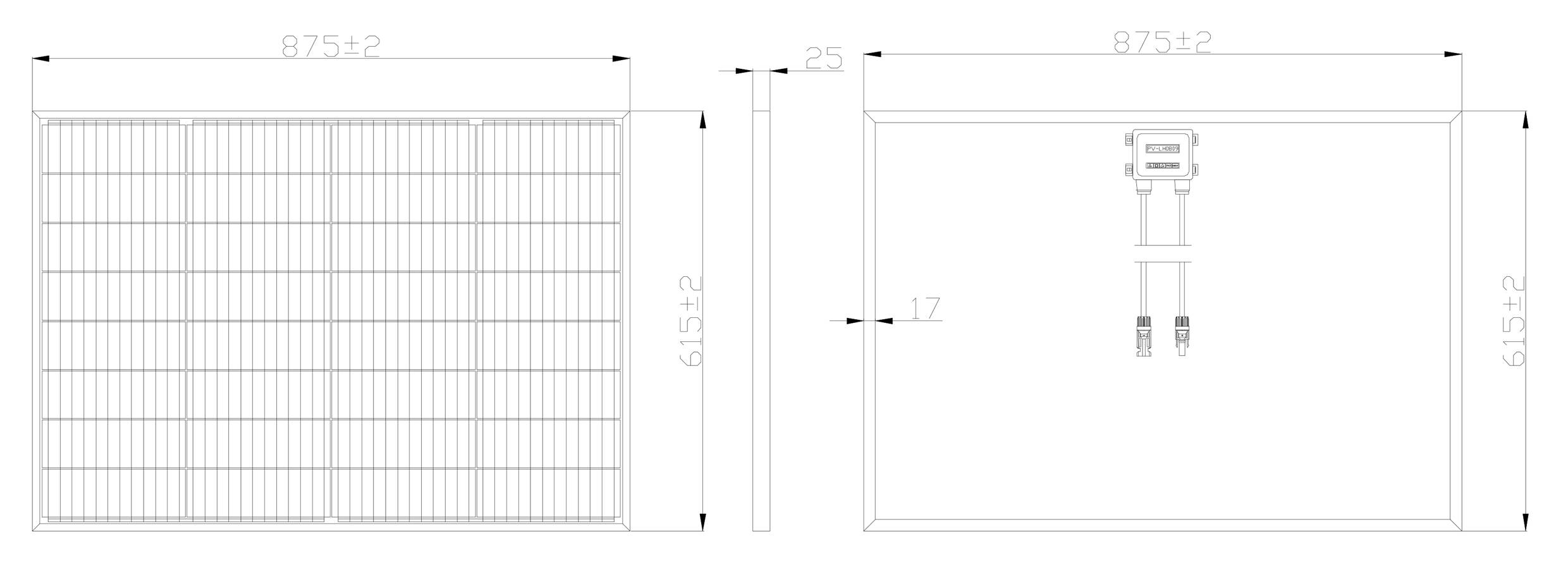 Zeichnung von Solarmodul mit Maßen 875x615 mm. Vorder- und Rückansicht mit markierten Abmessungen, Anschlusskabel sichtbar.