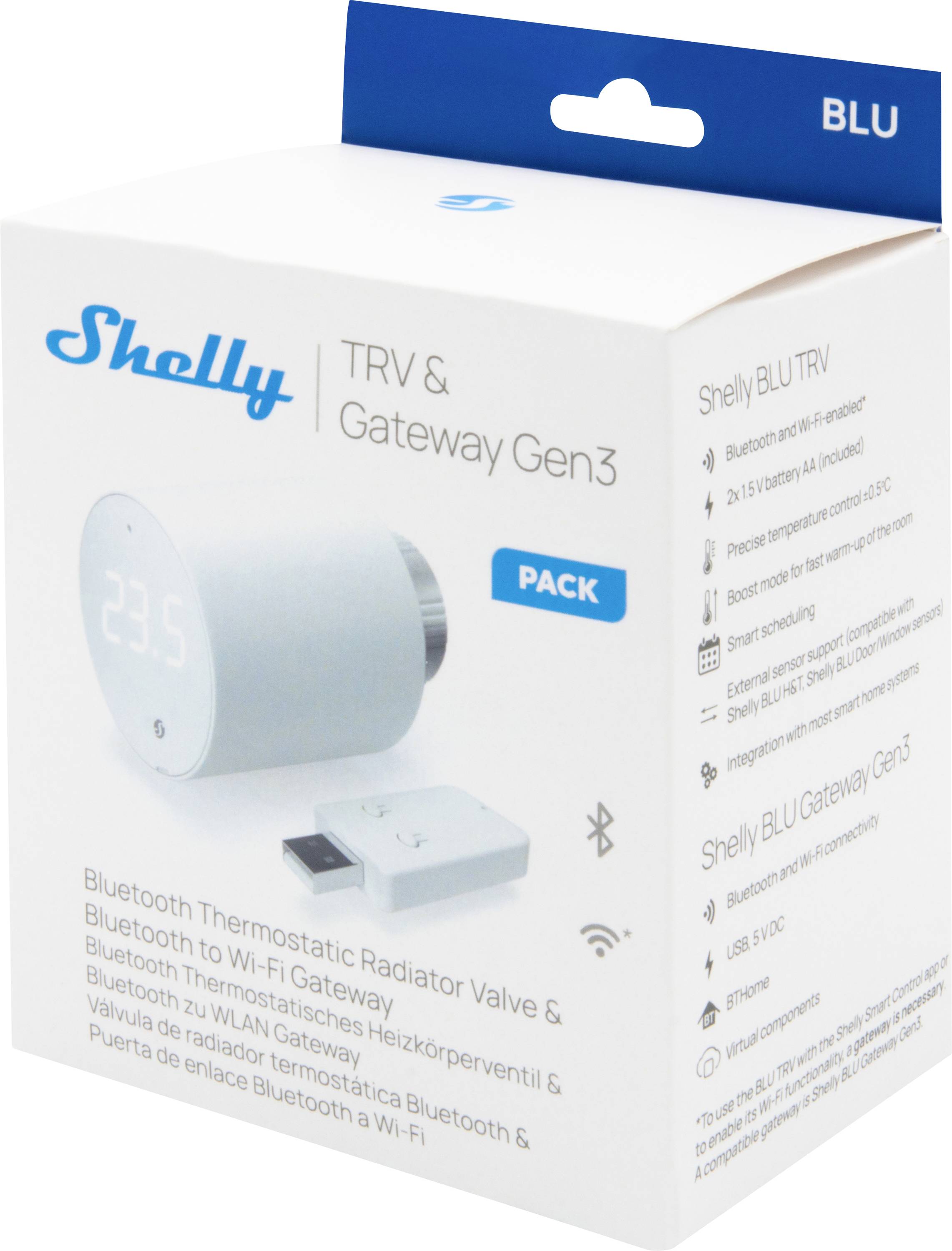 'Packung von Shelly TRV & Gateway Gen3' mit Bluetooth Thermostat-Heizkörperventil und Gateway, abgebildet mit Produktinformationen.