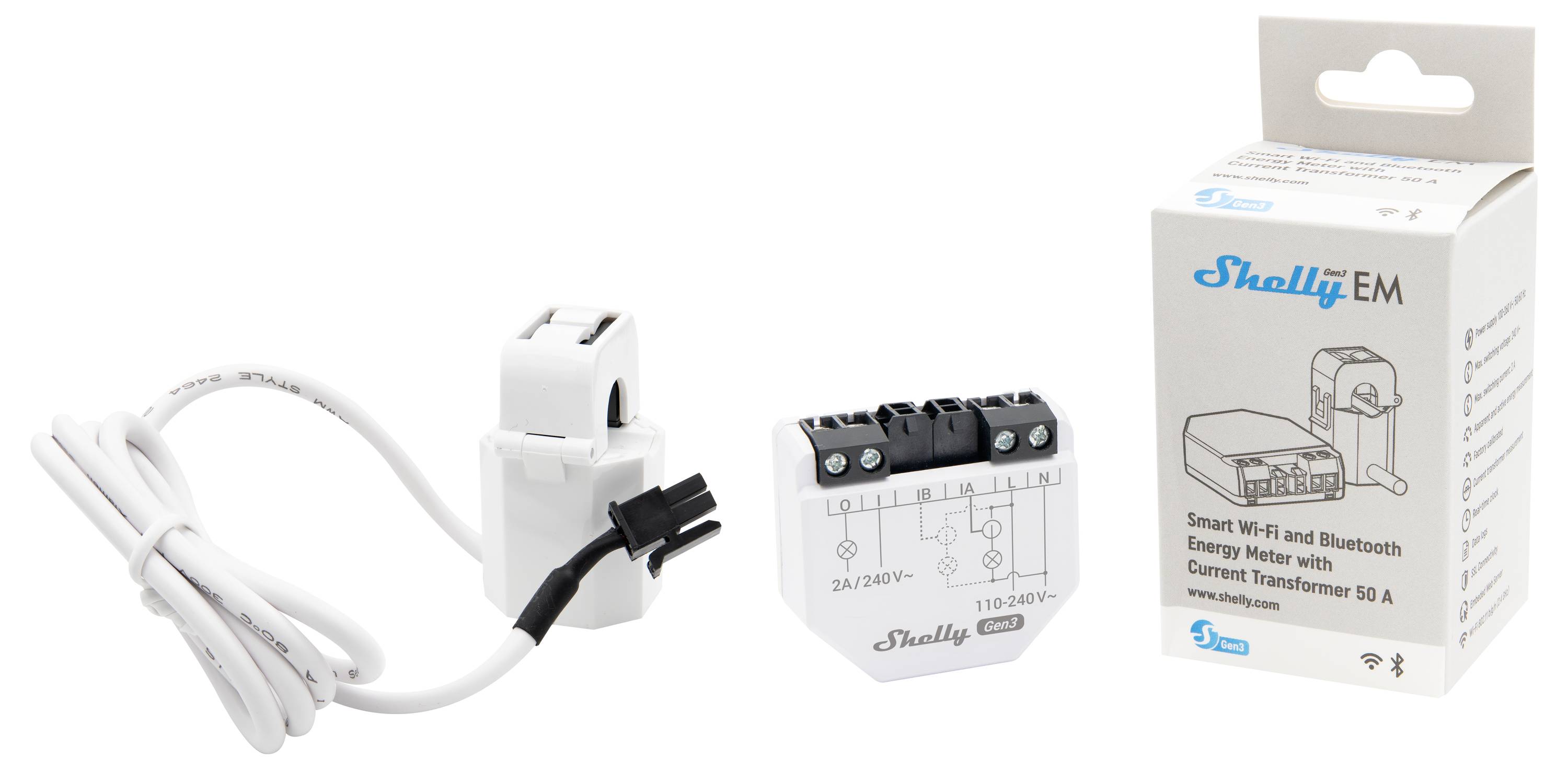 Smart Wi-Fi und Bluetooth Energiezähler-System mit Stromwandler, abgebildet mit Verpackung und Zubehör.