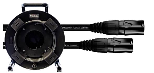 Ein schwarzer Kabeltrommel-Adapter mit zwei Steckverbindern ist abgebildet, gekennzeichnet mit 'CATEGORY 5e' und 'GERMANY'.