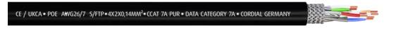 Ein Ethernet-Kabel mit mehreren farbigen Innenleitungen. Aufdruck zeigt 'Category 7 S/FTP cable, 23 AWG'.