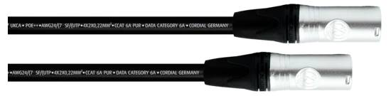 'Zwei schwarze Kabel mit silbernen Steckverbindern und Aufschrift 'CAT 6A' und 'GERMANY'.'