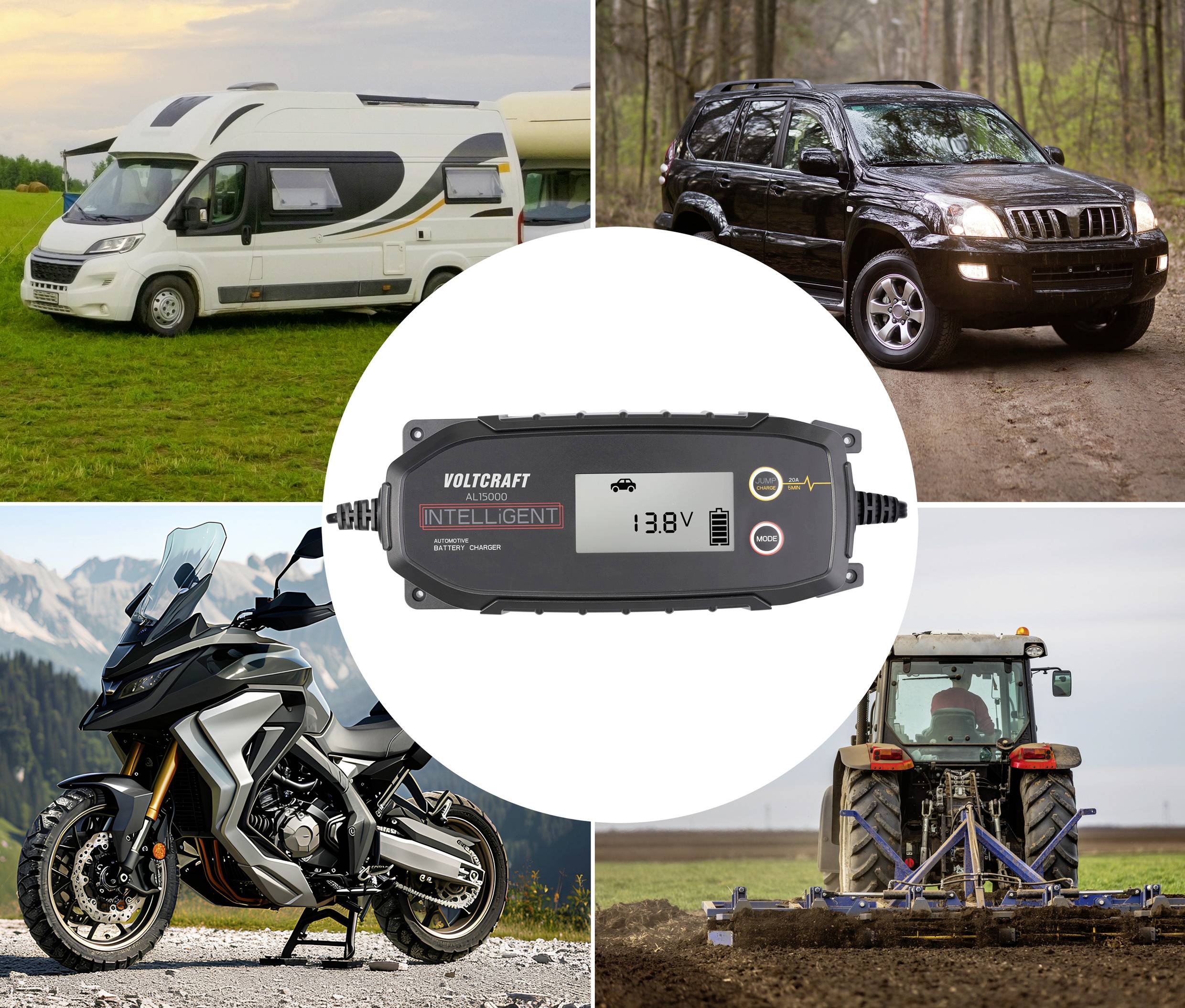 Ladegerät mit Anzeige '13.8V' und 'Intelligent' in der Mitte, umgeben von Wohnmobil, SUV, Motorrad, Traktor in ländlicher Umgebung.