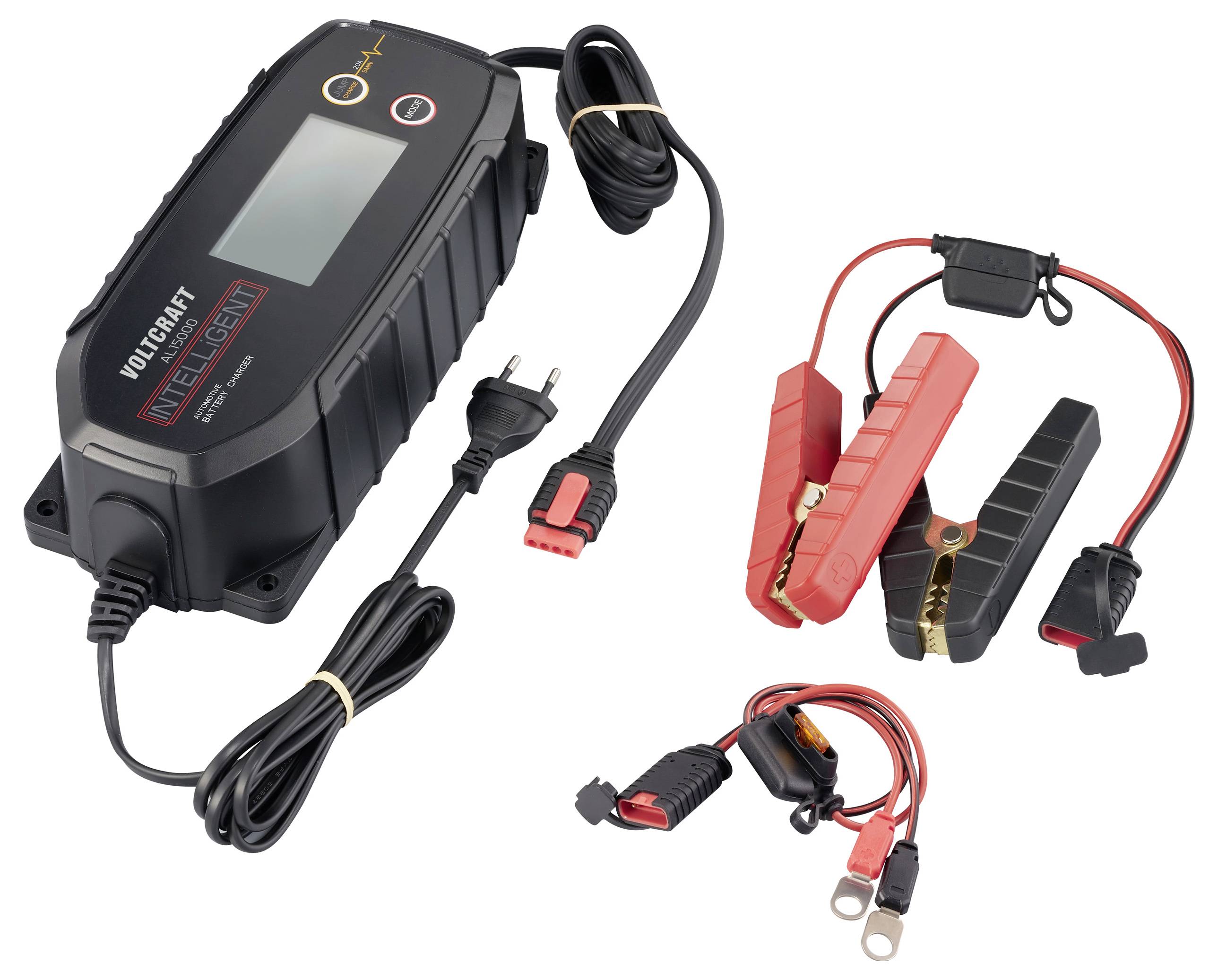 Batterieladegerät mit LCD-Anzeige, zwei Krokodilklemmen und zusätzlichen Kabeln für den Anschluss. Geeignet für Fahrzeugbatterien.