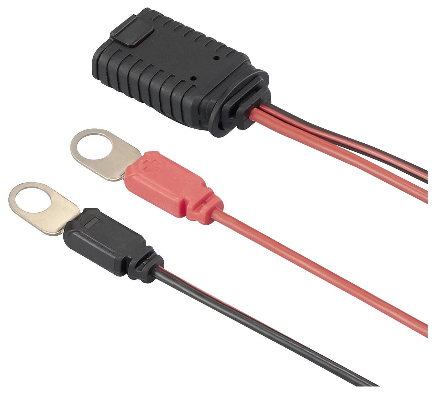 Ein elektrisches Kabel mit zwei Steckverbindungen und Ringösen an den Enden, geeignet für Batterieverbindungen oder Ladegeräte.